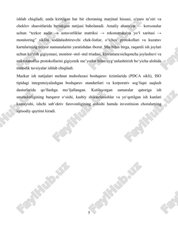 iymat. qisqa muddatli cheklov (stel): odatda 15 daqiqalik maksimal daraja. ceiling (c): bir zum ham oshirilmasligi lozim bo‘lgan chegaraviy qiymat. me’yorlar tavsifiy yo‘riqnoma yoki majburiy talab sifatida milliy/xalqaro hujjatlarda belgilanadi. profilaktika prinsiplari (nazoratlar iyerarxiyasi) manbani yo‘qotish yoki xavfni xavfsizroq modda/texnologiya bilan almashtirish (substitutsiya). muhit/yo‘l bo‘yicha nazorat: mahalliy chiqarish ventilyatsiyasi, akustik yutum, vibroizolyatsiya. tashkiliy nazorat: ish rotatsiyasi, mikrotanaffuslar, ish oqimini optimallashtirish. shaxsiy muhofaza vositalari: respirator, quloqchin, ko‘zoynak, qo‘lqop. 1.2. ergonomikaning predmet sohasi: antropometriya, biomexanika, kognitiv ergonomika, makroergonomika ergonomika — ish tizimlarini insonning jismoniy va kognitiv xususiyatlariga moslashtirishga qaratilgan fan-amaliyot sohasi. predmet sohasi bir-biri bilan bog‘langan to‘rtta yo‘nalishdan iborat. antropometriya ish joyi o‘lchamlarini 5–95-percentil tana o‘lchamlariga moslashtirish; stul/stol balandligi, oyoqlar uchun bo‘shliq, uskunalar yetish masofasi, monitorning ko‘z chizig‘iga nisbatan balandligi va 50–70 sm ko‘rish masofasi. biomexanika bo‘g‘im burchaklari va mushak-yuk momentlarini xavfsiz diapazonda saqlash; yukni tanaga yaqin tutish; takroriy harakatlar chastotasini kamaytirish; rnle kabi usullar bilan ko‘tarish vazifalarini baholash (rwl/li). kognitiv ergonomika …