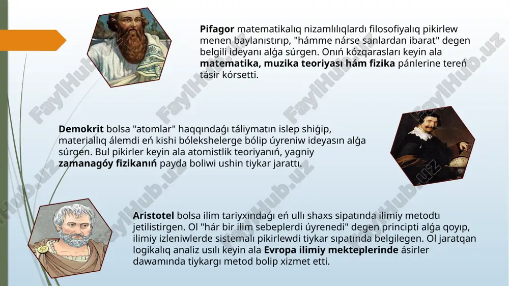 za, g.v. leybnic). bul eki baģdar óz ara tartısta bolgan bolsa da, olardıń ideyaları birgelikte zamanagóy ilimiy metodologiyanı jarattı. jana dáwir filosofiyası insandı tábiyattı biliwge, tájiriybe ótkeriwge hám nizamlılıqlardı anıqlawga iytermeledi. frensis bekon empirikalıq biliwdiń teoriyalıq tiykarların jarattı. ol "bilim - kúsh" degen belgili ideyanı alǵa súrip, haqıyqıy bilim tek tájiriybe hám baqlaw arqalı alınadı, dedi. bekon ilimiy metod sipatında indukciya usılın usındı, yagniy kóp jagdaylarda baqlaw tiykarında uliwma nizamlılıqlardı anıqlawdi úyretti. bul jantasıw keyinirek tábiyiy pánlerde qollanıla baslandı. rene dekart bolsa racionalizmniń tiykarın salıwshısı sıpatında tanilgan. ol "men oylayman, demek barman" degen belgili sózi menen insan oy-pikiriniń orayına aqıldı qoydı. dekart logikalıq analiz, dedukciya hám matematikalıq pikirlew arqalı tábiyattı túsiniw múmkin ekenligin dálilledi. onıń qatnası mexanikalıq fizika hám matematika rawajlanıwına kúshli túrtki boldı. nátiyjede, jana dáwir filosofiyası pánniń metodologiyalıq tiykarların bekkemlep, insaniyattı tájiriybe, logika hám baqlaw arqalı haqıyqatqa jetiw jolına bagdarladı. bul dáwirde filosofiya tek pikirler sisteması emes, al …