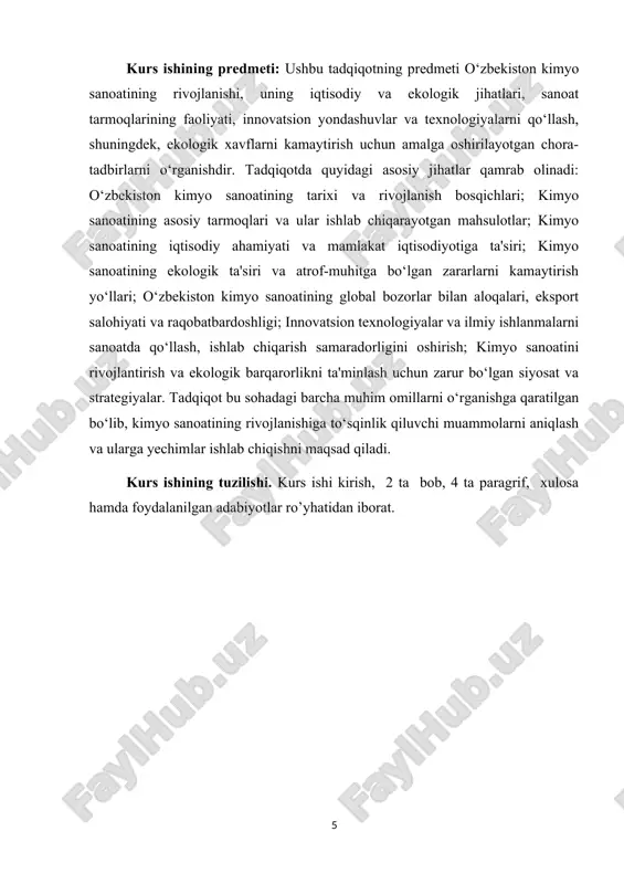 hiqarish samaradorligini oshirish; kimyo sanoatini rivojlantirish va ekologik barqarorlikni ta'minlash uchun zarur bo‘lgan siyosat va strategiyalar. tadqiqot bu sohadagi barcha muhim omillarni o‘rganishga qaratilgan bo‘lib, kimyo sanoatining rivojlanishiga to‘sqinlik qiluvchi muammolarni aniqlash va ularga yechimlar ishlab chiqishni maqsad qiladi. kurs ishining tuzilishi. kurs ishi kirish, 2 ta bob, 4 ta paragrif, xulosa hamda foydalanilgan adabiyotlar ro’yhatidan iborat. i-bob. o‘zbekiston kimyo sanoatining tarixi va rivojlanishi 1.1. o‘zbekiston kimyo sanoatining tarixiy rivojlanishi va shakllanishi o‘zbekiston kimyo sanoatining rivojlanish tarixi mamlakatning iqtisodiy va sanoat salohiyatining shakllanishi bilan chambarchas bog‘liqdir. kimyo sanoatining boshlanishi asosan sovet davriga borib taqaladi, ammo mustaqillik yillari davomida ushbu tarmoq o‘zining yangi bosqichiga o‘tib, mamlakat iqtisodiyotida muhim o‘rin egalladi. sovet davrida o‘zbekiston kimyo sanoatining boshlanishi sovet ittifoqi davrida o‘zbekiston kimyo sanoatining rivojlanishi, asosan, tabiiy resurslar va xom ashyo manbalariga boy bo‘lgan hududda tashkil topgan. o‘zbekistonning turli mintaqalarida boy minerallar, tabiiy gaz va neft mavjudligi, bu yerda kimyo sanoatining rivojlanishiga imkon …