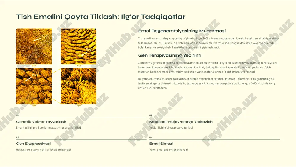 s keladigan materiallardan tayyorlanadi. suyak regeneratsiyasi jarayoni bemorning o'z stem hujayral4ri yordamida amalga oshiriladi. bu yondashuv transplantatsiya rad etilishi xavfini deyarli nolga tushiradi va tiklanish jarayonini 2-3 baravar tezlashtiradi. og'riqni boshqarish va profilaktika genetik modifikatsiya orqali og'riq sezgirligini kamaytiradigan usullar ishlab chiqilmoqda. karies va periodontal kasalliklarning oldini olishga qaratilgan genlar faollashtiriladi. bemor uchun stomatologik davolash jarayoni deyarli og'riqsiz va qulayroq bo'ladi. muntazam gen terapiyasi yordamida og'ir kasalliklarning rivojlanishi oldini olish mumkin. etik va xavfsizlik masalalari genetik texnologiyalarning keng qo'llanilishi bir qator etik va xavfsizlik savollarini keltirib chiqaradi. uzoq muddatli ta'sirlar haqida to'liq ma'lumotga ega bo'lish uchun keng qamrovli tadqiqotlar zarur. xalqaro darajada tartibga solish va standartlashtirish kerak. bemorlarning genetik ma'lumotlarini himoya qilish tizimi takomillashtirilishi lozim. texnologik istiqbollar 3d bioprinting va gen terapiyasining birgalikda qo'llanilishi sun'iy intellekt yordamida genetik davolashni rejalashtirish nano-robotlar orqali maqsadli gen yetkazib berish to'liq funktsional tishlarni laboratoriyada yetishtirish kutilayotgan natijal4r karies va periodontal kasalliklar sonining 70% ga …