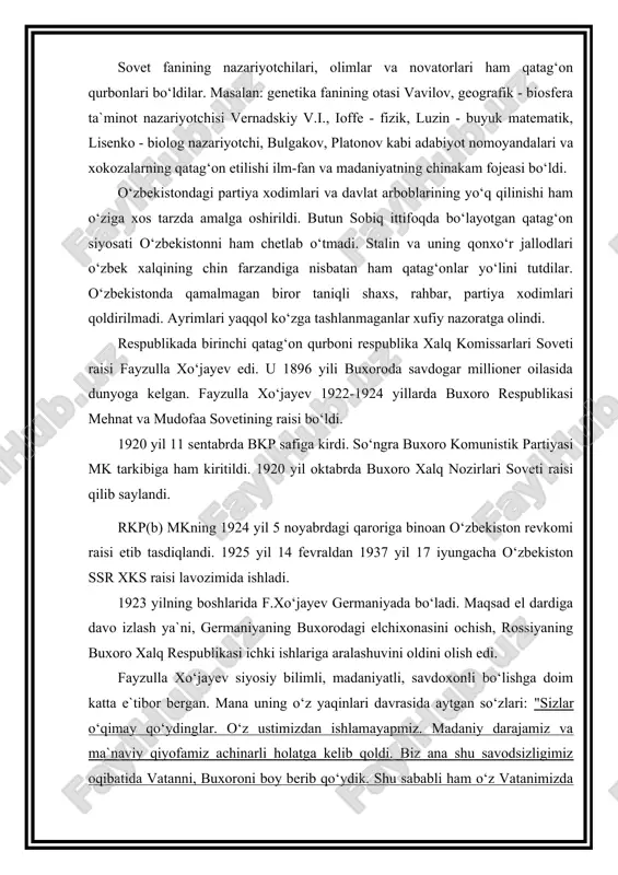 entabrda bkp safiga kirdi. so‘ngra buxoro komunistik partiyasi mk tarkibiga ham kiritildi. 1920 yil oktabrda buxoro xalq nozirlari soveti raisi qilib saylandi. rkp(b) mkning 1924 yil 5 noyabrdagi qaroriga binoan o‘zbekiston revkomi raisi etib tasdiqlandi. 1925 yil 14 fevraldan 1937 yil 17 iyungacha o‘zbekiston ssr xks raisi lavozimida ishladi. 1923 yilning boshlarida f.xo‘jayev germaniyada bo‘ladi. maqsad el dardiga davo izlash ya`ni, germaniyaning buxorodagi elchixonasini ochish, rossiyaning buxoro xalq respublikasi ichki ishlariga aralashuvini oldini olish edi. fayzulla xo‘jayev siyosiy bilimli, madaniyatli, savdoxonli bo‘lishga doim katta e`tibor bergan. mana uning o‘z yaqinlari davrasida aytgan so‘zlari: "sizlar o‘qimay qo‘ydinglar. o‘z ustimizdan ishlamayapmiz. madaniy darajamiz va ma`naviy qiyofamiz achinarli holatga kelib qoldi. biz ana shu savodsizligimiz oqibatida vatanni, buxoroni boy berib qo‘ydik. shu sababli ham o‘z vatanimizda rahbarlik ishlarini qo‘lga ololmadik va mustaqillik yo‘lida aql bilan ish yurita bilmadik." 1938 yilning 2-13 martida moskvadagi soyuzlar uyining katta zalida f.xo‘jayev va bir guruh partiya sovet …