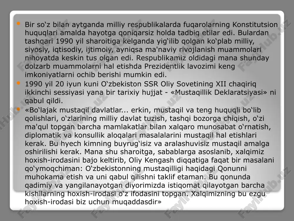 biz totalitar tuzumdan qutilganimizga mahliyo bo‘lib, ma'lum davrda jamiyatimizga nomaqbul bo‘lgan g‘oyalarni kirib kelishi va faollik ko‘rsatishlariga o‘zimiz sezmagan holda imkon yaratib berdik. yoshlarimizda vatanga sadoqatlik milliy g‘oyasini izchil shakllantirib borish uchun bizda milliy, o‘ziga xos xususiyatlar hisobga olingan holda ham nazariy ham amaliy jihatdan ishlab chiqilgan konsepsiyalar islom karimovning kundalik faoliyatida o‘zining yaqqol ifodasini topmoqda. masalan, yurtboshimizning o‘zbekiston respublikasi oliy majlisining xv sessiyasidagi ma'ruzasini o‘rganar ekanmiz, unda vatanparvarlik borasida bayon etilgan quyidagi fikrlarni anglab olamiz: «men uchun vatan ozodligi, xalqimning omonligi, yurtimning ravnaqi mana shu muqaddas zaminimizda yashaydigan har bir oilaning farovonligidan boshqa oliy saodat yo‘q». e’tiboringiz uchun raxmat image2.png image3.png image4.png image5.png /docprops/thumbnail.jpeg