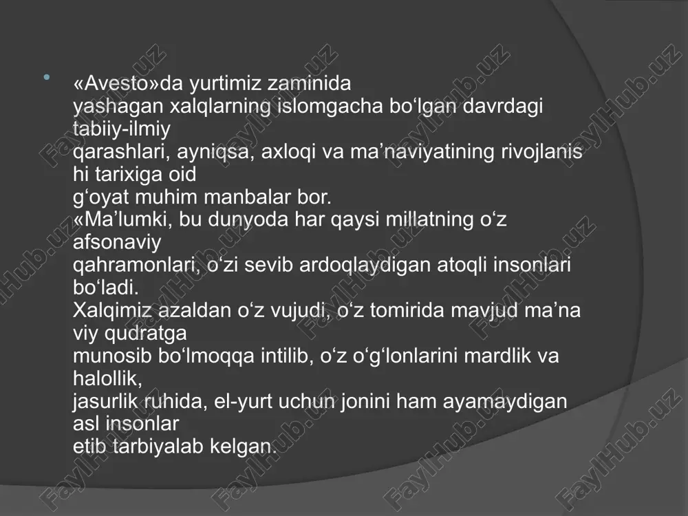 ari ham nihoyatda muhim ahamiyatga ega. ularning butun jahonga mashhur bo‘lgan «saodatnoma», «guliston» va «bo‘ston», «bahoriston», «xamsa» kabi bebaho asarlari jahon madaniyati xazinasidan munosib o‘rin egallagan. dunyoda ularga qiyoslaydigan, ma’naviy-axloqiy ma’naviyatning umumiy tizimlari izohlangan kitoblar barmoq bilan sanarli. ushbu an’ana yurtimiz madaniyati tarixida aslo to‘xtab qolgani yo‘q va bu borada a. donishning «o‘g‘illarga nasihat» (xix asr oxiri), a. avloniyning «turkiy guliston yoxud axloq» (xix asr boshlari) asarlarini eslash kifoya. allomalardan biri ahmad yassaviy (1105-1166) diniy, ma’naviy- axloqiy ma’naviyatning o‘sha zamonga mos keladigan tizimining namoyon bo‘lishi va amal qilish shartlarini islom dini nuqtayi nazaridan ta’riflab bergan. «devoni hikmat» majmuasida yassaviy ma’naviyatning asosiy shakllari - iymon, halollik, poklik, hayo, bardosh va sabr-qanoat, chidam, beozorlik, hokisorlik kabi xislatlarga ta’rif bergan. ma’naviy merosimizda naqshbandiya tariqati asoschisi bahouddin naqshband (1388-yilda vafot etgan), xo‘ja ahror (1409- 1492) va husayn voiz koshifiy kabi ilohiyot ilmi allomalari ilgari surgan g‘oya hamda qarashlarning ham o‘z o‘rni bor. naqshbandiya tariqati …