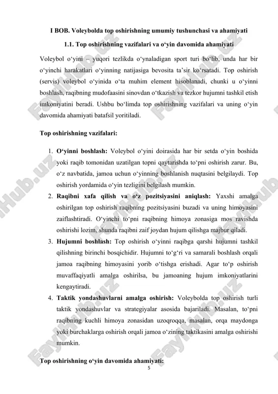rish o‘yinni jamoa uchun ruhiy ustunlikka aylantiradi, raqibni xato qilishga majbur qiladi va o‘yinning psixologik tarafini o‘zgartiradi. 5. taktik yondashuvlarni amalga oshirish: top oshirishda raqibni o‘ylantiradigan va o‘zingizning foydangizga ishlaydigan turli taktikalardan foydalanish mumkin. masalan, servislarda kuchli, past va yuqori, uzoq va qisqa taktikalarni aralashtirish raqibni aldash va uning himoyasini zaiflashtirish imkoniyatini yaratadi. shu tarzda, top oshirish o‘yin davomida taktikalaringizni qo‘llashda muhim vosita hisoblanadi. 6. o‘yin pozitsiyasini mustahkamlash: to‘p oshirishni o‘tkazishda, jamoa o‘zining pozitsiyasini mustahkamlashga intiladi. shu bilan birga, topni to‘g‘ri va samarali oshirish o‘yinchilarga to‘g‘ri va qulay pozitsiya yaratish imkonini beradi. to‘pning o‘yinchilarga to‘g‘ri kelishi va o‘ynash uchun optimal pozitsiyaga joylashish, o‘yinning davomida ustunlikni qo‘lga kiritish imkonini beradi. 7. raqibni chalg‘itish va xatolarga olib kelish: top oshirish usullarini turlicha bajarish raqibni chalg‘itishga yordam beradi. masalan, past servis yoki qisqa servisni ishlatib, raqibni pozitsiya tanlashda xato qilishga undash mumkin. shu tarzda, raqibni noto‘g‘ri joylashuvga majbur qilib, jamoaning hujum imkoniyatlarini oshirish …