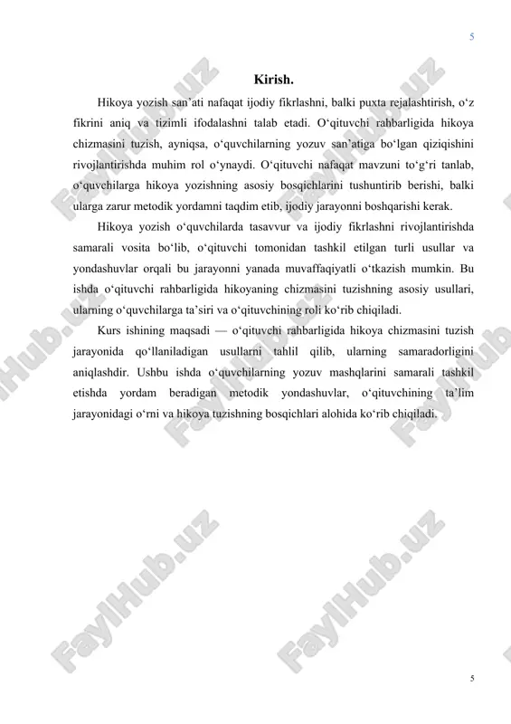 ususiyatlari va tanqidiy tahlilini chuqur o'rganish orqali ushbu hikoya shaklini chuqurroq rivojlantirishlari va qadrlash mumkin. hikoya o'zining boyligi va teranligi bilan o'quvchi va tadqiqotchilarni maftun etishda davom etar ekan, uning adabiyotshunoslik darajasidagi izlanishlari o'zbek hikoyachiligi an'analarining murakkab va nozik tomonlarini ochib beradigan samarali faoliyat bo'lib bormoqda. hikoya chizmasini tuzishning nazariy asoslari mavzusini yoritish uchun, avvalo, hikoya yozishning o‘ziga xos xususiyatlarini tushunish zarur. hikoya chizmasi — bu hikoya yoki asar yozishning dastlabki rejasi bo‘lib, yozuvchiga voqeani tizimli va mantiqiy ravishda tasvirlashda yordam beradi. hikoya chizmasi tuzish jarayoni esa ijodiy jarayonni tartibga solish, uni aniq va ravon qilishda katta ahamiyatga ega. hikoya chizmasini tuzishning nazariy asoslariga quyidagi jihatlar kiradi: 1. hikoya tuzilmasi va uning asosiy qismlari hikoya chizmasi odatda uchta asosiy qismdan iborat bo‘ladi: · kirish (ekspozitsiya): bu qismda hikoyaning joyi, vaqti, asosiy qahramonlar va voqea boshlanishi haqida ma'lumot beriladi. bu o‘quvchining asarga kirib borishini osonlashtiradi va voqeani tushunish uchun zarur kontekstni …