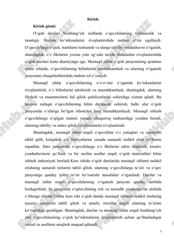 r: 1. o’qish malakasini takomillashtirish. o’quvchilarda yaxshilik darajasi sifatlari: to’g’ri, tez, ongli, ifodali o’qish malakalarini shakllantirish. 2. bolalarda kitobga muhabbat uyg’otish, kitobdan foydalanishga, undan kerakli bilimni olishga o’rgatish, ya’ni kitobni sevuvchi, kitob bilan ishlashni biladigan chuqur fikrlovchi, sermulohaza kitobxonlarni yetishtirish. 3. o’quvchilarda atrof-muhit haqidagi bilimlarni kengaytirish va chuqurlashtirish, ilmiy dunyoqarash elementlarini shakllantirish. 4. o’quvchilarni axloqiy, estetik jihatdan mehnatga muhabbat ruhida tarbiyalash. 5. o’quvchilar nutqi ( asosan,og’zaki nutqi) ni va tafakkurini o’stirish. 6. adabiy tasavvur elementlarini shakllantirish. boshlang’ich sinflarda o’qish darslarining mazmuni: 1. ta’lim metodlarini to’g’ri tanlash va ulardan o’rinli foydalanish - ta’lim samarasini ta’minlashga yordam beradi. 2. pedagogik texnologiya usullaridan foydalanish o’qituvchi va o’quvchi faoliyat doirasini aniq belgilab beradi. 3. o’qitish metodi deganda ta’lim jarayonida o’qituvchi va o’quvchilarning kutilgan maqsadga erishishga qaratilgan birgalikdagi faoliyati tushuniladi. o’qitish usullari ta’lim jarayonidagi o’qituvchi va o’quvchi faoliyatini qanday bo’lishini, o’qitish jarayonini qanday tashkil etish va olib borish kerakligini belgilab beradi. o’qitish usullari har ikkala …