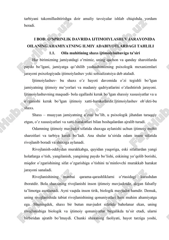 adi. u ham ijtimoiy, ham psixik jihatdan kamolga yetadi, bunda bolaga berilayotgan tarbiya maqsadga muvofiq bo’lsa, u jamiyat a’zosi sifatida kamol topib, murakkab ijtimoiy munosabatlar tizimida o’ziga munosib o’rin egallaydi. shaxsning ma’naviy sifatlariga ega bo’lishi, unda ma’naviy bilimlarnin egallashga nisbatan ehtiyoj va qiziqishning paydo bo’lishida oila asosiy rolni bajaradi. oilada qaror topgan sog’lom ma’naviy-ruhiy muhit farzandlarning yetuk, barkamol bo’lib voyaga yetishishlari uchun beqiyos ahamiyatga egadir. chunki rivojlanish tarbiya ta’siri ostida boradi. shaxsning fazilatlarini to’g’ri ko’rish va bexato baholash uchun uni turli munosabatlar jarayonida kuzatish lozim. ota-onalar o’zlarining ijtimoiy burchlarini bajarar ekanlar, farzandlarida mehnatga uni tashkil etuvchilarga nisbatan mehr-muhabbat, hurmat tuyg’usini shakllantirish, ularni ijtimoiy-foydali mehnatga, turli ko’rinishdagi munosabatlarni uyushtirish vaqtida tartib-intizomga amal qilish, ijtimoiy me’yorlarga og’ishmay rioya etish, sog’lom turmush tarzini yaratish, o’z shaxsiy hayotlari mazmunini belgilashda maqsad, so’z va faoliyat birligini ta’minlash borasida har tomonlama ijobiy ibrat na’munasini ko’rsatadi. shaxs shakllanishiga ta’sir etishning ijtimoiy-ruhiy asosiga ega oila jamiyatning ajralmas bo’lagi …