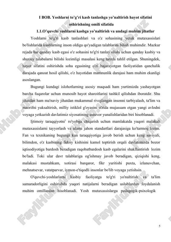 n qoniqish hissini paydo qilishlari hamda o'z hayotlaridan mamnun yashashlari bugungi kundagi kasbni to'g'ri tanlay olishlariga bog'liqligini anglata olishlari lozim. shundagina har bir inson har tomonlama sifatli hayot kechirishi va mavjud to'siqlarni osonlikcha yengib o'tishi mumkin bo'ladi. natijada sohaning rivoji ancha tezlashadi. bu esa jamiyat ravnaqidan dalolatdir. mamlakatimizda uzluksiz ta'lim tizimida olib borilayotgan keng qamrovli islohotlarning asosiy maqsadlaridan biri yoshlarni chuqur bilim olishlari, iste'dodlarini ro'yobga chiqarishda har tomonlama qo'llab-quvvatlash, shu bilan birgalikda ularning mustaqil hayotga tayyorlash ko'nikmalarini ham shakllantirib borish ta'lim tizimining ustuvor yo'nalishlaridan biri hisoblanadi. kasb tanlashga yo'naltirish davlatning chora-tadbirlari tizimidan iborat bo'lib shaxs tomonidan tanlanadi va quyidagi shakllarda amalga oshiriladi: - maktabda kasbiy ma'lumotlar berish; -kasb- hunar maorifi bilan shug'ullanish: · radio, televidenie, kino, matbuotda tashviqot qilish; · kasb yuzasidan maslahatlar; · kasbga saralash (qobiliyatiga binoan); · kasbga moslashish (adaptatsiyalash). kasbning mazmunini va mohiyatini tushunmaslik o'quvchilarda tanlagan kasbiga munosabatining salbiylashishiga olib keladi. bunday holatning oldini olish uchun quyidagi …