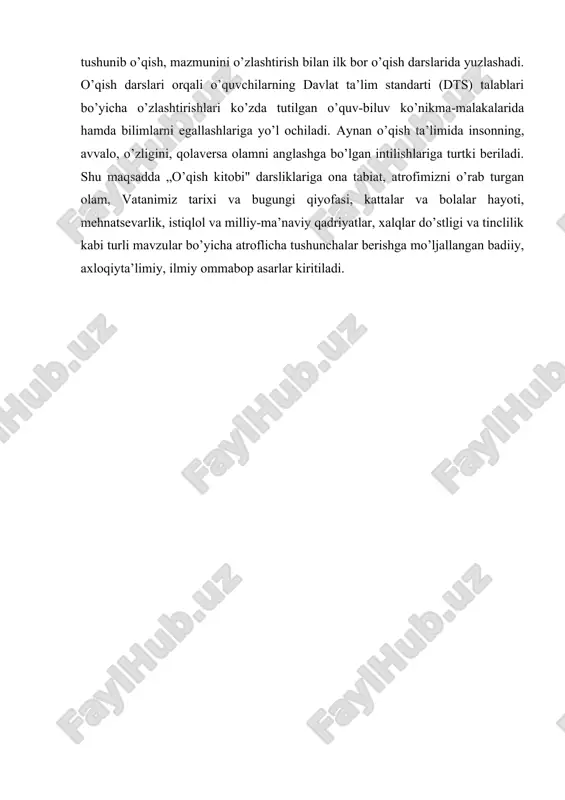 vatanim manim” bo’limidagi “serquyosh o’lka” (z. diyor), „iqboli buyuksan“ (a. oripov), „toshkentnoma" (m .shayxzoda), ,,xarira“ (n .norqobil) kabi asarlar misolida atroflicha tahlilga tortiladi. ijtimoiy-tarixiy mazmundagi mavzular vatanimiz o’tmoshini, xalqimiz hayoti, mardonavor kurashi, ulug’ siymolar tomonidan amalga oshirilgan ishlar, tarixiy sanalar to’g’risida muayyan tasavvur beradi. beruniy, amir temur, alisher navoiy, bobur va boshqa ajdodlarimiz haqidagi matnlar shular jumlasidandir. bu xildagi asarlar o’quvchilarni faqat o’tmishimiz bilan tanishtirib qolmasdan, vatan oldidagi farzandlik burchi va mas’uliyatini teran anglashga ham yordam beradi. ularda vatanga muhabbat tuyg’usi shu tariqa shakllanadi. vatanimiz o’tmishi haqida hikoya qilingan asarlar bilan tanishish va ularni tahlil qilish jarayonida o’quvchilar o’tmish bilan bugungi kunni taqqoslash imkoniga ega bo’ladilar, jamiyat taraqqiyoti xususida qisqacha bo’lsada, tushuncha hosil qiladilar. bu borada ayniqsa milliy istiqlol bilan bog’liq h. imonberdiyevning, “o’zbekistonim”, j. jabborovning „istiqlol11(2-sinf), a. rustamovning „bayroq nima?“, a. obidjonning “o’ktam” (3-sinf), s. barnoyevning „mangulikka tatigulik kun“, e. malikovning „assalom, neksiya!“ (4-sinf) mavzusidagi asarlari yaqindan yordam beradi. …