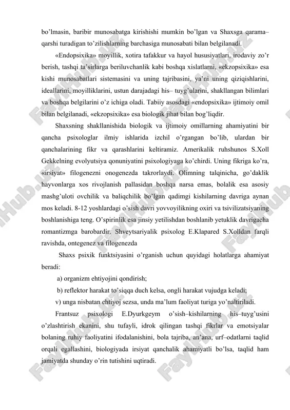 n 1923 yilda asoslab berilgan. hozirgi kunga kelib psixologiya fanida shaxsning iqtidor hususiyatlari, qobiliyatlarini aniqlash uchun kettel, spirmen, bine, ayzenk, raven va boshqa testlardan foydalaniladi. qiziqish biron-bir sohada to`g`ri yordam beradigan motivdir. individ uchun qiziqish, sub’ektiv tarzda olganda, bilish jarayoni tusini kashf etadigan ijobiy xissiy ohangda, ob’ekt bilan chuqurroq tanishishga, u haqda ko`proq bilish, uni anglab yetishga bo`lgan istakda namoyon bo`ladi. qiziqishlar bilishning doimiy qo`zg`atuvchi mexanizmi sifatida namoyon bo`ladi. qiziqishlar mazmuniga, maqsadlariga, miqyosiga va barqarorligiga ko`ra tasnif qilinishi mumkin. kishidan ko`proq nimaga qiziqish paydo bo`lishi va uning bilish ehtiyojlari ob’ektning ijtimoiy qimmati psixologik jihatdan muhim ahamiyatga ega. maktabning eng muhim vazifalaridan biri - o`smirlik yoki yoshlarning faol bilish va mehnat faoliyatiga rag`batlantiradigan va maktabdan tashqari ham saqlanib qolishi mumkin bo`lgan jiddiy va sermazmun qiziqishlarini uyg`otishdan iboratdir. qiziqishlar o`zining kengligi bo`yicha ham farq qiladi. bir xil odamlarda qiziqishlar bir sohaga qaratilgan bo`lishi mumkin, boshqalarda esa barqaror ahamiyatga ega bo`lgan ko`plab ob’ektlarga …