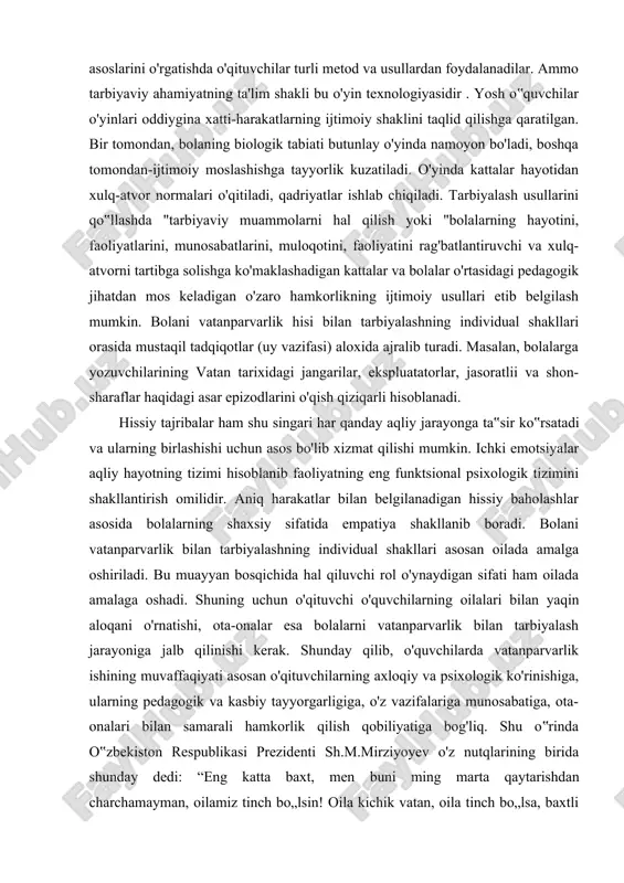 iga olgan tizimli-tashkiliy yondashuv printsipi hamdir. bolalar tarbiyasida asosan yosh hususiyatini hisobga olgan holda vatanparvarlikni shakllantirishda maqsadli yondashuv printsipiga amala qilish kerak. davlatimizning milliy manfaatlariga qaratilgan dunyoqarashni, fuqarolik qadriyatlarini shakllantirishni ta'minlaydigan faoliyatga qaratiladi. yagona va yaxlit yondashuvni hisobga olgan holda vatanparvarlikning asosiy yo'nalishlarining universallik printsipi, ota-bobolariga, kundalik hayotda urf-odatlarga bo'lgan g'ururni o'stirishdir. o'tgan ajdodlarning ijtimoiy qimmatli tajribasidan foydalanib oilaviy munosabatlar, o'qish va ishlashga yondashuvlar, ijodiy harakatlar uyushtirish qulay imkoniyatlarni yaratadi. vatanparvarlik g'oyalarini va qadriyatlarini targ'ib qilishda mintaqaviy sharoitlarni hisobga olish nafaqat butun o‟zbek vatanparvarligida, balki mahalliy qadriyatlar, mehr-muhabbat, o'z vataniga, shahariga, ko'chasiga, maktabiga va boshqalarga xos yoqtirish xususiyatlari bilan ham ajralib turadi. vatanparvarlikni asosan ushbu tamoyillarga o'zaro bog'liq holda va jamoa birdamligida amalga oshiriladi. ammo fuqarolikka-vatanparvarlik tarbiyasini faqat bilimga asoslangan yondashuv yordamida emas balki hissiy ko‟nikmalar bilan amalga oshirilishi mumkin . bugungi kun ijtimoiy-pedagogik voqelikka mos keladigan fuqarolik esa-vatanparvarlik tarbiyasining mazmunini, shakllarini va usullarini amalda ifodalamoqda. fuqarolikni amalaga oshishida-vatanparvarlikning faol …