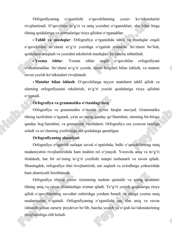 irish va isbotlash mashqlaridan foydalanish muhim o‘rin tutadi. shunday qilib, orfografiyani o‘rgatishda, grammatikani o‘rgatish kabi, o‘quvchilarning analitik-sintetik faoliyatini asta takomillashtira borish talab etiladi. imlo qoidasi ustida ishlash metodikasi. o‘quvchilarda to‘g‘ri yozuv malakasini shakllantirish grammatik nazariyani va imlo qoidasini o‘zlashtirishga asoslanadi. imlo qoidalari bir so‘znigina emas, balki umumiylik mavjud bo‘lgan butun so‘zlar guruhining yozilishini tartibga soladi. bu xususiyati bilan u qoida xat yozuvchini har bir so‘zni yodda saqlash, xotirlashdan qutqaradi va qoidaga amal qilib, belgilangan me’yorga muvofiq butun so‘zlar guruhini yozish imkonini yaratadi. imlo qoidasi grammatik umumiylik asosida birlashgan so‘zlarning yozilishini bir xillashtiradi. bu yozma ravishdagi aloqani yengillashtiradi va imlo qoidalarining ijtimoiy ahamiyatini ta’kidlaydi. 1.1. imlo qoidasi . imlo qoidalarini grammatik, fonetik, so‘z yasalishiga oid materiallarni ma’lum darajada bilmasdan turib o‘zlashtirish mumkin emas. grammatik nazariya imlo qoidalari uchun poydevor hisoblanadi. shuning uchun boshlang‘ich sinflarda imlo qoidasi shu qoidaga asos bo‘ladigan grammatik nazariyaga bog‘liq holda o‘rganiladi. masalan, shakl yasovchi qo‘shimchalarning yozilishi haqidagi …