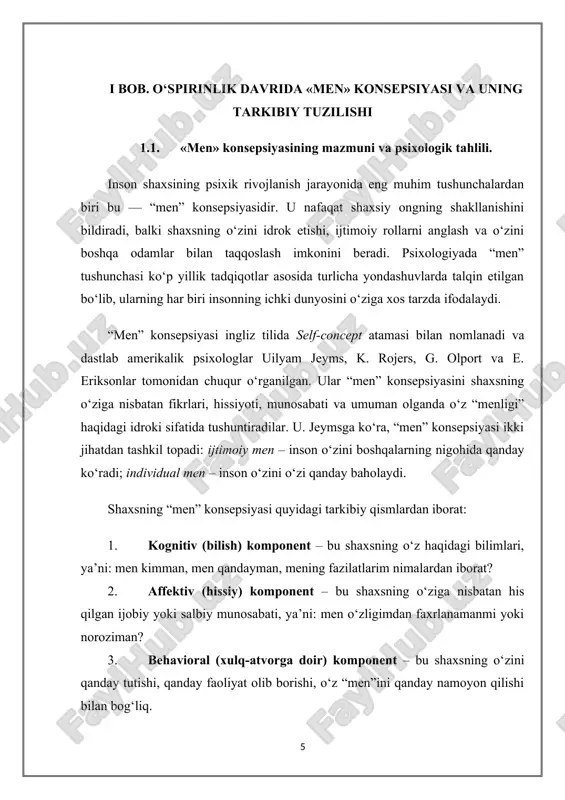 ldidagi dolzarb vazifalardan biridir. 1.2. shaxsning o‘zini anglash jarayoni va o‘zini baholashning shakllanishi. shaxsning o‘zini anglash jarayoni insonning psixologik rivojlanishidagi asosiy komponentlardan biri bo‘lib, u individual identiklik, ijtimoiy rolni tushunish va ichki “men” obrazini shakllantirish jarayonini ifodalaydi. bu jarayon bolaning ilk yoshligidan boshlab bosqichma-bosqich rivojlanadi va o‘spirinlik davrida ayniqsa intensiv tus oladi. psixologik adabiyotlarda shaxsning o‘zini anglashiga oid ko‘plab yondashuvlar mavjud. ularga ko‘ra, inson o‘zini anglash orqali kimligini, o‘zining imkoniyatlarini, cheklovlarini, ijtimoiy jamiyatdagi o‘rnini tushunishga harakat qiladi. bu jarayon davomida shaxs o‘zini turli mezonlar asosida tahlil qiladi: jismoniy qiyofa, ijtimoiy rol, psixologik xususiyatlar, axloqiy qadriyatlar va boshqalar. shaxs o‘zini anglay boshlagan sari unda o‘z-o‘zini baholash ehtiyoji paydo bo‘ladi. o‘zini baholash – bu shaxsning o‘ziga nisbatan fikrlari, his-tuyg‘ulari va munosabatlari majmuasidir. o‘zini baholash “men” konsepsiyasining eng muhim tarkibiy qismlaridan biri hisoblanadi. bu baholash ijobiy bo‘lishi shaxsda sog‘lom o‘zini anglashni, o‘ziga bo‘lgan ishonchni mustahkamlasa, salbiy baholash esa psixologik beqarorlik, komplekslar, ijtimoiy moslashuvda …