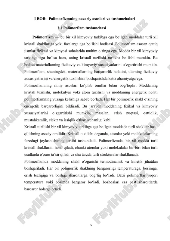 lan, mexanik xususiyatlarini yoki kimyoviy reaktivligini aniqlaydi. moddaning kristall tuzilishi o‘zgarishi mumkin, chunki bir xil modda bir necha shaklda kristallanishi mumkin. masalan, uglerodning ikki polimorfik shakli — grafit va almaz — bir xil kimyoviy tarkibga ega, ammo ularning kristall tuzilishlari butunlay farq qiladi. grafit yumshoq va elektr o'tkazuvchi material bo‘lsa, almaz esa juda qattiq va elektr o'tkazmaydigan material hisoblanadi. kristall tuzilishining o‘zgarishi o‘z navbatida moddaning boshqa fizikaviy xususiyatlarini o‘zgartiradi. shuning uchun, bir moddaning turli polimorfik shakllari turli xususiyatlarga ega bo‘lishi mumkin, masalan, erish nuqtasi, mexanik mustahkamlik yoki o'tkazuvchanlik kabi. bu o‘zgarishlar materiallarning amaliy foydalanishiga ta'sir ko‘rsatadi. 2. termodinamik barqarorlik polimorfizmda termodinamik barqarorlik moddaning eng past energiya holatida bo‘lishi bilan bog‘liq. har bir polimorfik shakl o‘zining energetik barqarorligini bildiradi, ya'ni u o‘zining termodinamik jihatdan barqaror holatini topadi. har bir modda o‘zining eng past energiya holatida barqaror bo‘lib, turli sharoitlarda (temperatura, bosim) bu holat o‘zgarishi mumkin. energiya farqi: polimorfik shakllar o‘rtasidagi energiya …