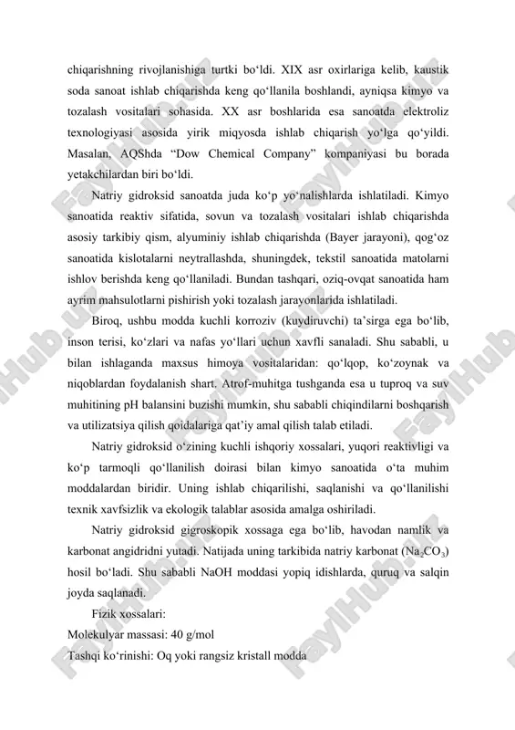 riydi gigroskopikligi: havodagi namlikni o‘ziga tortadi kimyoviy xossalari: kislotalar bilan neytrallanish reaksiyasiga kirishadi: naoh + hcl → nacl + h₂o amfoter metall oksidlar bilan reaksiyaga kirishib, kompleks birikmalar hosil qiladi. organik birikmalarning gidrolizi uchun asosiy vosita sifatida ishlatiladi. saqlanish sharoitlari: namlikdan xoli, havo o‘tkazmaydigan idishlarda ishlayotganda shaxsiy himoya vositalaridan foydalanish zarur, chunki naoh teriga tegsa kuchli kuyishga olib keladi. natriy gidroksid biologik faol modda emas, ammo u tirik to‘qimalar bilan kuchli reaksiyaga kirishadi. tabiyatga ko‘p miqdorda tushganda tuproq va suv muhitining ph muvozanatini buzishi mumkin. shu sababli uni atrof-muhitga tashlash qat’iyan man etiladi. natriy gidroksid (naoh) – bu kuchli asos bo‘lib, sanoat kimyosida, laboratoriyalarda hamda kundalik hayotda keng qo‘llaniladigan muhim kimyoviy moddalardan biridir. uning molekulyar tuzilishi oddiy bo‘lishiga qaramasdan, fizik-kimyoviy xossalari va reaksiyalardagi faolligi sababli u juda ko‘p sohalarda ahamiyatga ega. natriy gidroksid molekulasi naoh formulasi bilan ifodalanadi. bu modda ionli birikma hisoblanadi, ya’ni uning tarkibida musbat zaryadlangan natriy ioni …