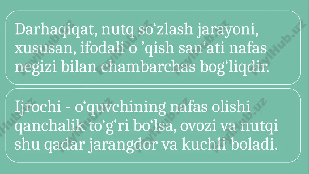issiyotlar uyg‘otadi. 14 vaholanki, inson ovozi musiqa torlariga o‘xshar ekan, torlarni harakatga keltirish, undan mazmunli ohang taratish yollarini o‘rganish uchun bilim va to‘xtovsiz mashq talab qilinadi. darhaqiqat, ovozni, nafasni, gavda harakatlarini va nihoyat tilni rivojlantiruvchi mashqlar har bir kishining ovoz imkoniyatlarini chiniqtirishga katta yordam beradi. buning uchun esa ko‘proq badiiy asarlarni ovoz chiqarib o ’qish, nafaqat o‘qish, balki qayta-qayta mutolaa qilish lozim. ayniqsa, nasriy yoki she’riy asarlardagi ovoz o‘zgarishi bilan bog‘liq o‘rinlarga, asar qahramonlarining ruhiy holati bilan bog‘liq bo‘lgan dramatik lavhalarga alohida e’tibor qaratish va ovoz chiqarib o‘qish zarur. 15 asarda qahramonning keskin tug‘yoni, g‘azabi ehtirosli shiddatli. ba’zan uzuq-vuluq ovoz bilan ifodalanadi (o‘qiladi). masalan, odil yoqubovning “ulug‘bek xazinasi” romanidan olingan quyidagi parcha asarni o‘qib ko‘raylik: - 0 ’z qiblagohiga qilich ko‘targan senday razil xunrezni nechun yer yutmaydi? nechun osmon og‘darilib boshingga tushmaydi? - abdulaziz, taqir boshini sarak-sarak qilib, ko‘zlari sovuq chaqnab yaqinlashib kelardi. abdullatif devorga suyangancha qilichini ko‘tardi, lekin abdulaziz …