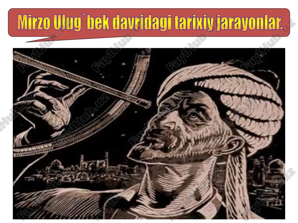 hur ulug`bek samarqandga asos soladi. ulug`bek o`sha davrning ko`plab iste`dodli olimlarini akademiya to`plagan. ularning ijod qilishlari uchun barcha shart-sharoitlar yaratib berilgan. ulug`bekning ustozi qozizoda rumiy, g`iyosiddin jamshid koshiy va shogirdi ali qushchilar akademiyasining eng mashhur olimlari edilar. ulug`bek jahon ilim-fani taraqqiyotigas qo`shgan beqiyos hissasi bilan tirikligidayoq o`ziga haykal o`rnatib ketgan buyuk allomadir. mirzo uluqbekning "ziji jadidi kuragoniy" asari samarqand munajjimlari va ularning g`amxo`r, mohir yetakchisi bo`lgan mirzo ulug`bek falakiyot fanining taraqqiyotga salmoqli qissa qo`shdi. uning "ziji jadidi kuragoniy" asari astronomiya ilmi tarixida alohida o`rin tutadi va u o`rta asr falakiyot fanining durdonasi hisoblanadi. "ziji jadidi kuragoniy" avvalambor mirzo ulug`bek bosh qosh bo`lgan samarqand rasadxonasining ko`p yillik mehnati samarasi sharq klassik astronomiyasining nazariy va amaliy masalalarini o`zida mujassamlashtirgan, uni yangi dalilu-isbotlar bilan boyitgan shoh asardir. "ziji jadidi kuragoniy" asosan ikki qismdan: katta muqaddima va 1018 ta yulduzlarning o`rni va holati aniqlab berilgan jadvallardan iborat. muqaddimaning o`zi to`rtta mustaqil qismga bo`lingan. ular:birinchi …