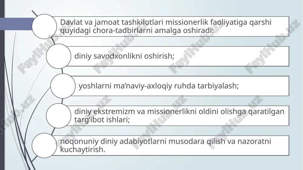 r esa boshqa konfessiyaga mansub insonlar orasidan ham o‘z tarafdorlarini shakllantirishga harakat qilishini ta’kidlash zarur. ayni paytda, hech bir konfessiyaga mansub bo‘lmagan, muayyan shaxs – «ustoz», «yo‘lboshchi» yoki «rahnamo» tomonidan asos solingan va aholining duch kelgan ijtimoiy va konfessional qatlami bilan ish olib boradigan sektalar ham mavjudligini qayd etish lozim. missionerlikka qarshi kurashning huquqiy-amaliy asoslari. o‘zbekistonda mustaqillikning ilk yillaridanoq missionerlik va prozelitizmning salbiy oqibatlarga olib kelishini hisobga olgan holda bu borada tegishli qonuniy asoslar ishlab chiqildi. qonunlarda missionerlik harakatlari taqiqlandi. ma’lumki, «vijdon erkinligi va diniy tashkilotlar to‘g‘risida»gi qonun (yangi tahriri) kishilarning vijdon erkinligini huquqiy kafolatlash bilan birga diniy tashkilotlar faoliyatini muvofiqlashtirishga xizmat qiladigan hamda davlat va din munosabatlarini tartibga soladigan muhim hujjat hisoblanadi. qonunga binoan «bir diniy konfessiyadagi dindorlarni boshqasiga kiritishga qaratilgan xatti-harakatlar (prozelitizm), shuningdek boshqa har qanday missionerlik faoliyati man etiladi. ushbu qoidaning buzilishiga aybdor bo‘lgan shaxslar qonun hujjatlarida belgilangan javobgarlikka tortiladilar» (7-modda, 3-band). mazkur moddadan kelib chiqib, «o‘zbekiston …