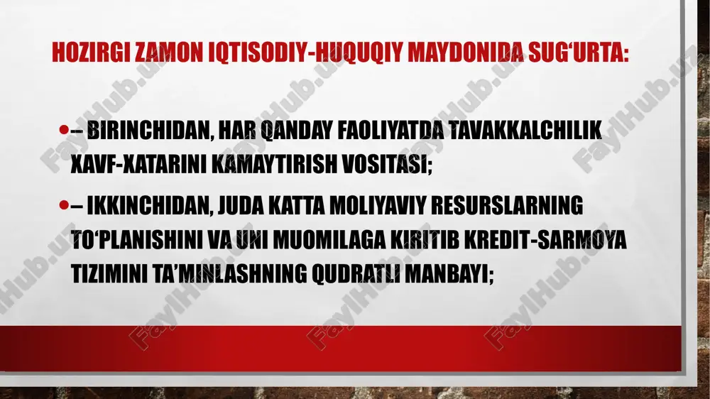 yuklar) turlari turkumlarini muayyan muddat davomida bir turdagi shartlarda muntazam sugʻurtalash, sugʻurta qildiruvchining sugʻurtalovchi bilan kelishuviga binoan bitta sugʻurta shartnomasi – bosh polis orqali amalga oshiriladi. sugʻurta qildiruvchi talabiga binoan bosh polisning taʼsir doirasida boʻlgan mol mulk alohida turkumlari boʻyicha sugʻurta polislari berilishi shart. sugʻurta shartnomasining muhim shartlari 1. sugʻurta obyekti boʻlgan mol mulk toʻgʻrisida 2. yuz berish ehtimoli koʻzda tutilib sugʻurta amalga oshirilayotgan voqea 3. sugʻurta hodisasi xususiyati 4. sugʻurta puli miqdori toʻgʻrisida 5. sugʻurta tovoni miqdorini aniqlash toʻgʻrisida 6. sugʻurta mukofotining miqdorini va toʻlash muddati toʻgʻrisida 7. shartnomaning amal qilish muddati toʻgʻrisida sugʻurtalovchining sugʻurta xavfini baholash huquqi sugʻurta qilinayotgan mol mulkni koʻzdan kechirish zarurati boʻlganda uning haqiqiy qiymatini belgilash maqsadida baholashdan oʻtkazilishi tashkil etiladi. agar shaxs boʻlgan taqdirda oʻsha shaxs sogʻligining haqiqiy holatini aniqlash uchun tekshirishga haqli. sugʻurta siri sugʻurtalovchi sugʻurta qildiruvchi ularning sogʻligining holati toʻgʻrisidagi yoki mulkiy ahvoli toʻgʻrisida oʻz kasb faoliyatini natijasida oʻzi olgan maʼlumotlarni oshkor …