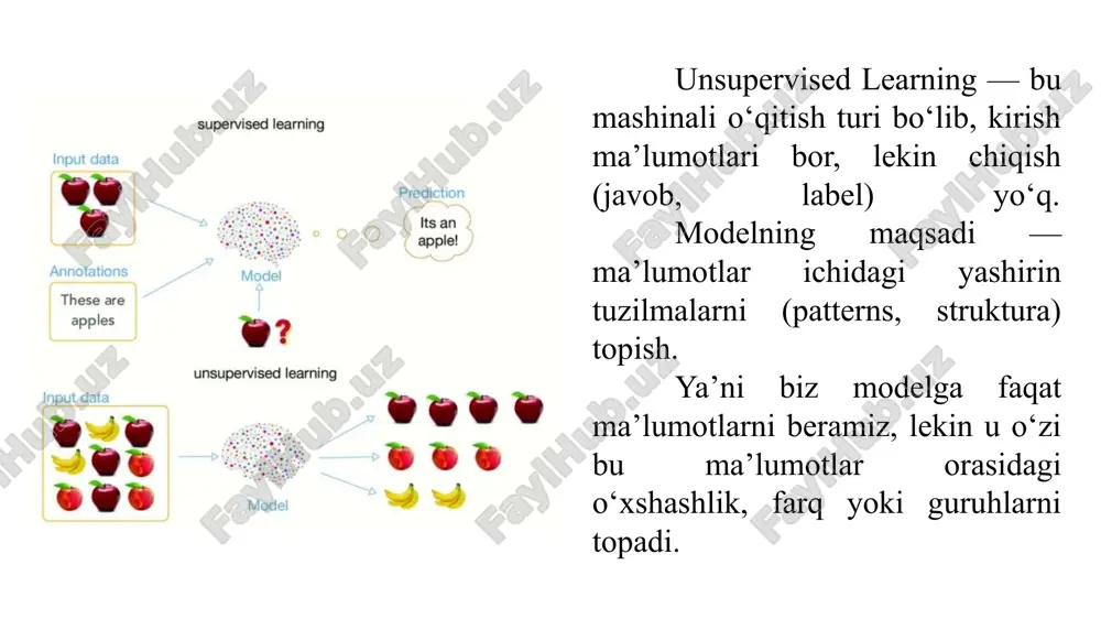 qartirish. imtihonlar yoki telemeditsina uchrashuvlarida shifokor va bemor o‘rtasidagi muloqotni yozib olishda tabiiy tilni tushunish texnologiyasidan foydalanish. lstm (long short-term memory) — bu rekurrent neyron tarmoq (rnn) turiga kiruvchi model bo‘lib, u ketma-ket ma’lumotlar bilan ishlashda uzoq muddatli bog‘liqliklarni eslab qolish imkonini beradi. oddiy rnn tarmoqlari uzoq ketma-ketliklarda ma’lumotni eslab qolishda qiynaladi, chunki ular “gradient yo‘qolishi” (vanishing gradient) muammosiga duch keladi. lstm esa maxsus xotira tuzilmasi orqali bu muammoni hal qiladi. lstm hujayrasi (cell) ichida uchta asosiy eshik (gate) mavjud: forget gate (unutish eshigi) — avvalgi xotiradan qaysi ma’lumotni o‘chirib tashlash kerakligini belgilaydi. input gate (kiritish eshigi) — yangi ma’lumotdan qaysi qismini xotirada saqlash kerakligini aniqlaydi. output gate (chiqish eshigi) — xotiradan chiqadigan natijani boshqaradi. image1.png image2.png image3.png image4.jpeg image5.png image6.png image7.png image8.png image9.png image10.png image11.png image12.png image13.png image14.png /docprops/thumbnail.jpeg