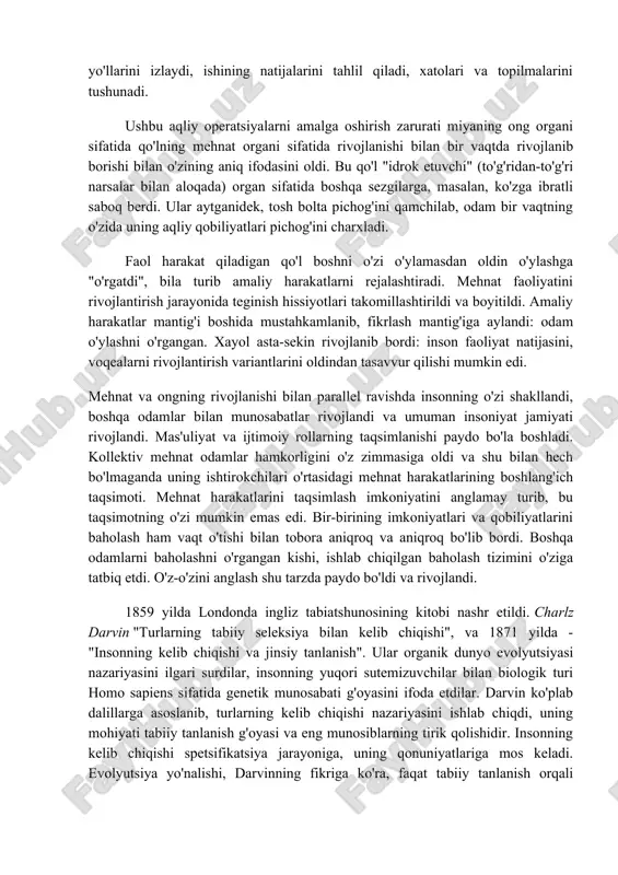 ijtimoiy-tarixiy shartlari natijasidir. o'z-o'zini anglash - bu o'zini atrofdagi dunyodan ajratish. o'z-o'zini bilish - bu aqliy faoliyatni o'zini o'zi o'rganishga o'tkazish. evolyutsiya jarayonida insonning shakllanishi psixikaning instinktiv (hayvon) asosining parchalanishi va ongli faoliyat mexanizmlarining shakllanishi bilan birga kechdi. ong faqat mehnat va nutq ta'sirida shakllangan yuqori darajada uyushgan miyaning vazifasi sifatida paydo bo'lishi mumkin edi. mehnatning rudimentlari avstralopitekka xosdir. mehnat allaqachon ularning vorislari - pitekantrop va sinantroplarning o'ziga xos belgisiga aylangan - bu er yuzida mehnat qurollarini ishlab chiqarish va olovni yutish uchun asos yaratgan birinchi odamlar. neandertal odam asboblarni ishlab chiqarish va ulardan foydalanishda sezilarli yutuqlarga erishdi, ularning turlarini ko'paytirdi va yangi amaliy materiallar ishlab chiqarishda ishtirok etdi. neandertal, xususan, tosh pichoqlar, suyak ignalari yasashni va qoldiq materiallardan turar joylar qurishni o'rgangan. zamonaviy tipdagi odam - ratsional odam texnologiya darajasini yanada yuqori darajaga ko'targan va ko'targan. mehnat murakkab maqsadga muvofiq faoliyat ekanligi sababli, u ongni shakllantirish va rivojlantirishda ham …