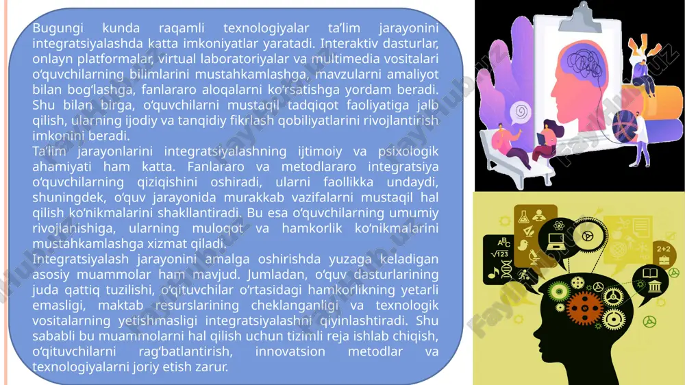 tish orqali jarayonni qo‘llab-quvvatlaydi. raqamli texnologiyalar ta’lim jarayonini integratsiyalashda yangi imkoniyatlar yaratadi. onlayn platformalar orqali o‘quvchilar turli fanlar bo‘yicha materiallarni mustaqil o‘rganadi, virtual laboratoriyalar yordamida amaliy ishlarni bajaradi va o‘z natijalarini tahlil qiladi. interaktiv dasturlar va multimedia vositalari o‘quvchilarning diqqatini jalb qiladi, ularni faollikka undaydi va fanlararo bog‘lanishni mustahkamlaydi. integratsiyalashning psixologik va ijtimoiy ahamiyati ham katta. o‘quvchilar turli fanlarni birlashtirib o‘rganish orqali tanqidiy fikrlash va muammolarni hal qilish qobiliyatini rivojlantiradi. bu esa ularning mustaqil fikrlashiga, ijodiy yondashuviga va muloqot ko‘nikmalariga ijobiy ta’sir ko‘rsatadi. shuningdek, integratsiyalash jarayoni o‘quvchilarda o‘zaro hamkorlikni rivojlantiradi, jamoaviy ishlash ko‘nikmalarini shakllantiradi va ularni hayotga tayyorlaydi. integratsiyalash jarayoni maktab resurslari bilan bevosita bog‘liqdir. resurslar yetarli bo‘lmasa, jarayon to‘liq amalga oshmaydi. shu sababli maktablar zamonaviy texnologiyalar, multimedia vositalari, laboratoriya jihozlari va o‘quv materiallari bilan ta’minlanishi zarur. integratsiyalash jarayonini samarali tashkil etish uchun pedagoglar o‘rtasida hamkorlikni yo‘lga qo‘yish, tajriba almashish va qo‘shma darslar tashkil etish muhim hisoblanadi. kelajakda ta’lim jarayonlarini …