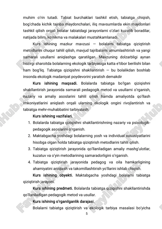 va amaliy tadqiqot metodlari qo‘llanildi:  ilmiy-nazariy tahlil — bolalarni tabiatga qiziqtirishga oid pedagogik, psixologik va metodik adabiyotlarni o‘rganish va tahlil qilish.  amaliy kuzatuv — bolalarning tabiatga oid mashg‘ulotlardagi faoliyatini, qiziqish darajasini bevosita kuzatish.  so‘rovnoma va suhbat — tarbiyachilar, ota-onalar va pedagoglar bilan suhbat va so‘rovlar o‘tkazish orqali bolalarning tabiatga bo‘lgan qiziqishini oshirish usullari haqida fikrlar to‘plash.  eksperiment (tajriba-sinov ishlari) — turli metodlardan foydalanib bolalarning tabiatga qiziqishini shakllantirish va ularning natijalarini tahlil qilish.  ilmiy-psixologik tahlil — bolalarning yosh psixologik xususiyatlari asosida tabiatga bo‘lgan qiziqishlarini shakllantirish imkoniyatlarini aniqlash. kurs ishi tuzilishi. ushbu kurs ishi kirish, 2 bobdan iborat asosiy qism, xulosa va foydalangan adabiyotlardan tashkil topgan. jami____sahifani o‘z ichiga oladi. 7 i. bob. bolalarni tabiatga qiziqtirishning nazariy asoslari 1.1. bolalarda tabiatga qiziqishni shakllantirishning psixologik- pedagogik asoslari bolalarning tabiiy muhitga bo‘lgan qiziqishi eng erta yoshda shakllana boshlaydi. tabiat o‘zi bolalar uchun cheksiz sarguzasht, kutilmagan hodisalar, jonli va rang-barang …