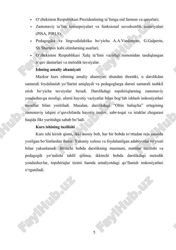 tortib zamonaviy badiiy-publitsistik asarlargacha kiritilgan. bu matnlar orqali o‘quvchi o‘z dunyoqarashini boyitadi, milliy o‘zlikni anglaydi, estetik va axloqiy qarashlar tizimini shakllantiradi. darslikdagi sahifa tartibi ham metodik yondashuvlarga mos ishlab chiqilgan. avvaliga matn beriladi, so‘ng esa unga doir savol va topshiriqlar taklif etiladi. bu savollar o‘quvchilarning nafaqat matnni tushunganligini, balki undagi asosiy g‘oya va voqealarni qanday anglaganini ham aniqlash imkonini beradi. matnga oid savollar, odatda, bir necha bosqichda beriladi: birinchi bosqichda faktga oid savollar, ikkinchisida tahlilga yo‘naltirilgan, uchinchisida esa fikr bildirishga undovchi savollar joylashtiriladi. bu esa o‘quvchini faqat o‘qib emas, balki fikrlab o‘qishga, muhokama qilishga, dalil keltirishga o‘rgatadi. mavzular bo‘yicha bo‘limlarning joylashuvi mantiqiy ketma-ketlikni saqlagan. darslikda fasllar asosidagi bo‘limlar – masalan, “bahor kayfiyati”, “yoz go‘zalligi”, “kuz mo‘jizalari” kabi nomlangan mavzular – o‘quvchining hayotiy tajribasi bilan uyg‘unlashgan. bunday tematik bo‘linishlar o‘quvchiga real hayotni tushunishga, fasllar o‘zgarishini his qilishga, kuzatish va xulosa chiqarish ko‘nikmalarini shakllantirishga yordam beradi. har bir bo‘lim oxirida kichik test, …