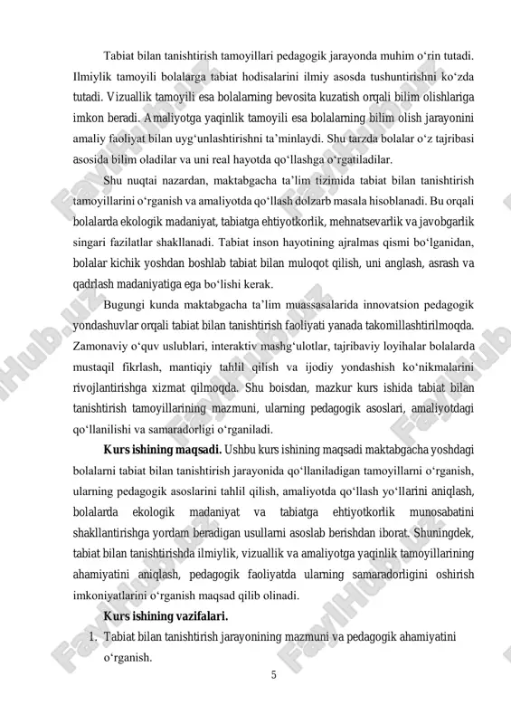 tamoyillarining turlari va ularning mohiyatini tahlil qilish. 3. tabiat bilan tanishtirish tamoyillarini amaliyotda qo‘llash shakllari va usullarini aniqlash. 4. maktabgacha yoshdagi bolalarda ekologik madaniyat va tabiatga ehtiyotkorlik munosabatini shakllantirishga xizmat qiladigan samarali pedagogik yondashuvlarni asoslash. kurs ishining obyekti. maktabgacha yoshdagi bolalarni tarbiyalash va rivojlantirish jarayoni. kurs ishining predmeti. tabiat bilan tanishtirish jarayonida qo‘llaniladigan pedagogik tamoyillar. kurs ishining o‘rganilganlik darajasi. tabiat bilan tanishtirish va ekologik tarbiya masalasi bo‘yicha ilmiy adabiyotlarda turli yondashuv va fikrlar mavjud. ushbu mavzu bo‘yicha xorijiy va mahalliy olimlarning tadqiqotlari o‘tkazilgan. jumladan, a.v.zaporojets, n.n.poddyakov, l.a.pavlova, e.i.tikhomirova, l.i.bayborodova kabi pedagog va psixolog olimlar maktabgacha yoshdagi bolalarning tabiat hodisalarini idrok etish jarayonlari, kuzatuvchanlik va ekologik tarbiyani shakllantirish bo‘yicha muhim ilmiy ishlanmalarni amalga oshirganlar. ularning ishlari bolalar rivojlanishida tabiat bilan muloqot qilishning ahamiyatini asoslab beradi. o‘zbekistonlik olimlardan m.quronboyeva, d.karimova, s.xasanova, s.yusupova, z.islomova kabi tadqiqotchilar maktabgacha ta’lim muassasalarida tabiat bilan tanishtirish, bolalarda ekologik ong va madaniyat shakllantirish masalalariga oid tadqiqotlar olib borganlar. …