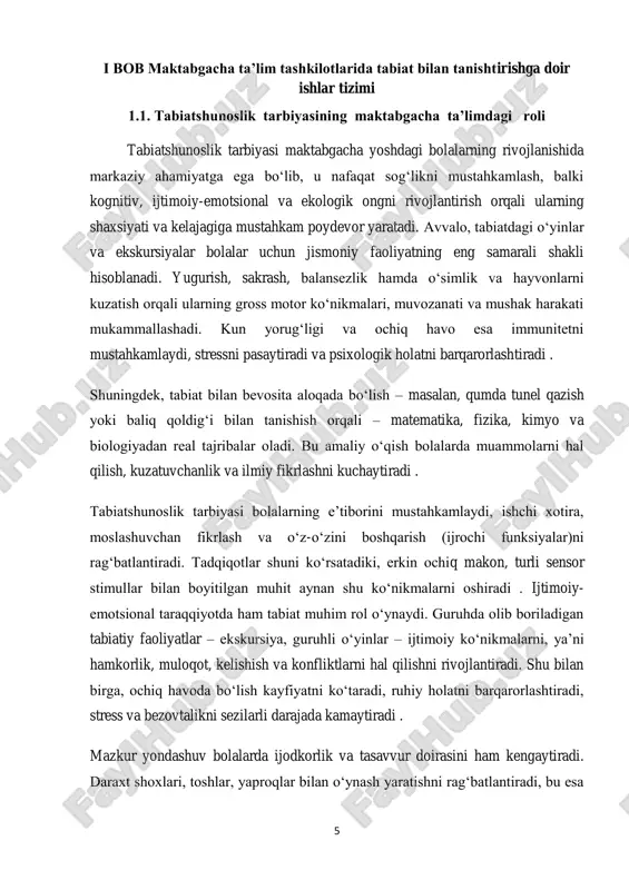 alarini mustahkamlaydi. ―attention restoration theory‖ nazariyasiga ko‗ra, ochiq havoda ―yumshoq diqqat‖ stimulatsiyasi bolalarda konsentratsiyani oshiradi . ijtimoiy-emotsional jihatdan, guruhda tabiatga oid o‗yinlar — hamkorlik, muloqot, qaror qabul qilishni o‗rgatadi — va stressni kamaytirib, ruhiyatni barqarorlashtiradi . 7 tabiat makoni ijodkorlik va tasavvur doirasini kengaytiradi: daraxt shoxlari, toshlar, yaproqlar bilan o‗ynash bolalarda innovatsion fikrlashni rag‗batlantiradi . tabiatshunoslik tarbiyasi orqali bolalarda ekologik ong va mas‘uliyat shakllanadi – bog‗ ekish, hasharotlarni kuzatish, fasllarni o‗rganish orqali ular tabiatni asrashga mehr va ehtiyoj uyg‗otadilar . tabiat makonidagi faoliyatlar stressni kamaytiradi, ruhiy barqarorlikni kuchaytiradi va oqilona riskni baholashni o‗rgatadi. forest kindergarten tajribalarida bolalar o‗zini boshqarish, boshlash va qat‘iyatli harakat qilishda yaxshilanishlar ko‗rsatgan. 8 1.2 tabiiy muhitni anglash orqali ekologik ongni shakllantirish. tabiiy muhitni anglash orqali maktabgacha yoshdagi bolalarda ekologik ong shakllanishi jarayoni nafaqat atrof-muhitni tanitish bilan cheklanmaydi; balki mehr-muhabbat, mas‘uliyat va hayot davomida barqaror odatlar shakllantirishga qaratilgan kompleks yondashuvdir. tabiat bilan bevosita kontakt (sayrlar, o‗yinlar, dala …