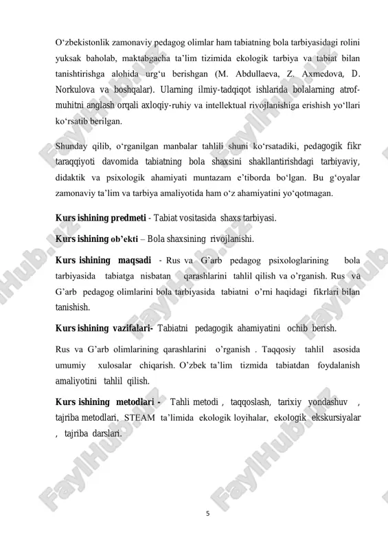arini chuqurlashtirish bilan birga, uning axloqiy va hissiy jihatdan tarbiyalanishida ham katta ahamiyatga ega . rus pedagogi v.a. sukhomlinskiy ham tabiat bilan bog‗liq faoliyatni bola tarbiyasining muhim elementi deb bilgan. u bolalarga tabiat hodisalarini o‗rganish, kuzatish va ularga nisbatan mehr-muhabbat uyg‗otish orqali ijtimoiy va axloqiy ko‗nikmalarni shakllantirishni ta‘kidlagan. sukhomlinskiyning pedagogik qarashlarida tabiat bilan shug‗ullanish nafaqat bilim, balki vatanparvarlik va mas‘uliyat tuyg‗usini rivojlantirishga xizmat qiladi 1 . 1 sukhomlinskiy, v.a. (1975). mening pedagogik prinsiplari. moskva: pedagogika. 7 g‗arb pedagogik fikrida ham tabiatning bola rivojlanishidagi ahamiyati ko‗p tadqiq qilingan. fransuz mutafakkiri j.j. russo o‗zining ―emil‖ asarida bolani tabiat bilan yaqin tanishtirish zarurligini ta‘kidlagan, u tabiiy muhitda tarbiya berish orqali bolaning tabiiy qobiliyatlari va shaxsiyati to‗la rivojlanishini ta‘minlash mumkinligini ilgari surgan . shuningdek, i.g. pestalozzi bolalarda sezgi va tafakkur rivojlanishini tabiatni to‗g‗ri va amaliy tarzda o‗rganishga bog‗lagan, bu orqali mustaqil fikrlash va ilmiy kuzatuvchanlik xususiyatlari shakllanadi, deb hisoblagan. xx asr pedagogikasi vakillaridan m. …