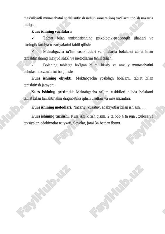 nish tabiat bolalar uchun cheksiz oʻrganish va kashfiyot maydonidir. oʻsimliklar, hayvonlar, hasharotlar, toshlar, suv va tuproqni kuzatish, ularga tegish, hidlash, eshitish orqali bolalar sezgi organlarini rivojlantiradi. bu jarayon ularning qiziquvchanligini uygʻotadi, atrof-olamga boʻlgan intilishini kuchaytiradi. ular narsalarning shakli, rangi, tuzilishi va harakatini oʻrganish orqali kuzatuvchanlik, tahlil qilish, solishtirish va muammolarni hal qilish koʻnikmalarini rivojlantiradi. misol uchun, barglarning tushishini kuzatish fasllar almashinishini, qum bilan oʻynash esa fizika qonunlarini intuitiv tarzda tushunishga yordam beradi. tabiatdagi tovushlar, hidlar va koʻrinishlar ijodiy fikrlashni va tasavvurni boyitadi. hissiy va ijtimoiy rivojlanish tabiat bilan bogʻlanish bolalarning hissiy barqarorligini oshiradi. yashil muhit stressni kamaytiradi, tinchlantiruvchi taʼsir koʻrsatadi va kayfiyatni yaxshilaydi. tabiatda oʻtkazilgan vaqt ularga oʻzini erkin va xavfsiz his qilish imkoniyatini beradi, bu esa ularning oʻziga boʻlgan ishonchini oshiradi. daraxt ekish, gullarni parvarish qilish, hayvonlarga gʻamxoʻrlik qilish kabi faoliyatlar bolalarda masʼuliyat hissini va tabiatga nisbatan mehr-muhabbatni shakllantiradi. boshqa bolalar bilan tabiatda oʻynash esa ijtimoiy koʻnikmalarni rivojlantiradi – …