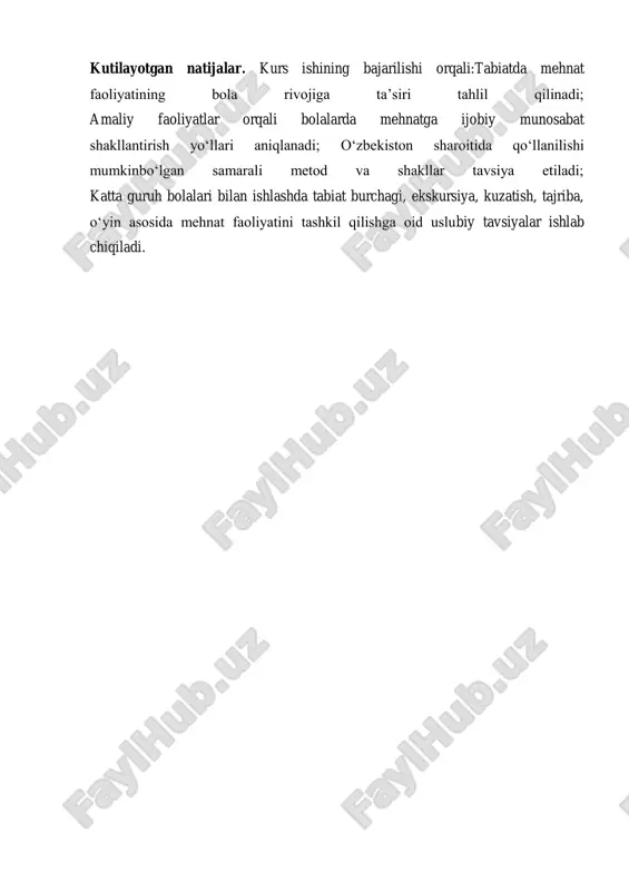 hakllari: maishiy mehnat (o‘z o‘rnini yig‘ishtirish, bog‘chani tozalash). tabiatda mehnat (gullarga suv quyish, daraxt ekish, parvarish qilish). hunarmandchilik (qumda surat chizish, loydan buyum yasash). umumiy mehnat tadbirlari (bahor tozaligi, ko‘chat ekish aksiyalari). bu jarayonlarni samarali tashkil etishda tarbiyachining roli beqiyosdir. tarbiyachi bolaning qobiliyati, qiziqishi va ruhiy holatini hisobga olib, unga individual yondashadi, rag‘batlantiradi, yo‘naltiradi. xalq og‘zaki ijodi namunalarining roli: maqollar: “mehnat qilgan och qolmas”, “mehnatda baxt, o‘yinda baxt yo‘q”. topishmoqlar: “qishda yotibdi, bahorda uyg‘onadi” (yer), “o‘zi yashil, ko‘zlari sariq” (qushqo‘nmas).ertaklar: “zarangdan chiqqan bolajon”, “aqlli bolajon” kabi ertaklar orqali mehnat qadriyatlari singdiriladi. 1.2. mehnat faoliyatining bolaning shaxsiy rivojlanishidagi o‘rni. mehnat faqatgina foydali ish bajarish emas, balki shaxsiy kamolot, axloqiy barkamollikning asosi bo‘lib xizmat qiladi. katta guruh bolalari tabiatda mehnat qilarkan, u o‘zini tabiatning bir qismi deb his qiladi. nihol ekkan bola ertasi kuni uni sug‘orishga shoshadi. shu orqali u o‘z ishining natijasini kuzatadi, zavqlanadi, g‘ururlanadi. jismoniy rivojlanish: yer chopish, ko‘chat ekish, …