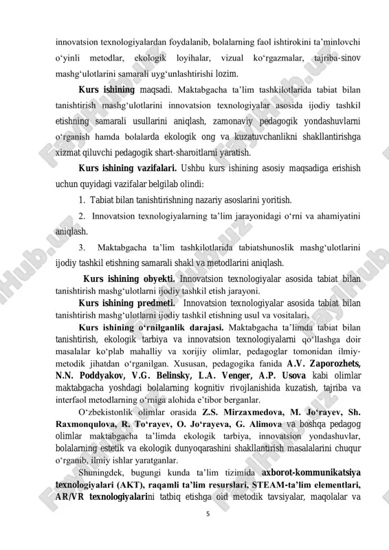 etik va ekologik dunyoqarashini shakllantirish masalalarini chuqur o‗rganib, ilmiy ishlar yaratganlar. shuningdek, bugungi kunda ta‘lim tizimida axborot-kommunikatsiya texnologiyalari (akt), raqamli ta‟lim resurslari, steam-ta‟lim elementlari, ar/vr texnologiyalarini tatbiq etishga oid metodik tavsiyalar, maqolalar va 6 amaliy ishlar keng ommalashmoqda. respublika ta‘lim markazi, maktabgacha ta‘lim agentligi, innovatsion rivojlanish vazirligi tomonidan tayyorlangan uslubiy qo‗llanmalarda bolalarning atrof-muhit bilan muloqotini interfaol tashkil etishga oid tavsiyalar keng yoritilgan. kurs ishining metodlari. mazkur kurs ishini bajarishda ilmiy-tadqiqot ishlarining mazmuni va maqsadidan kelib chiqib quyidagi nazariy va amaliy tadqiqot metodlari qo‗llanildi:  ilmiy-nazariy tahlil — turli fasllarda va yosh guruhlarida ekskursiya tashkil qilish metodikasi bo‗yicha ilmiy adabiyotlar, qonunchilik hujjatlari va metodik qo‗llanmalarni o‗rganish.  kuzatuv — maktabgacha yoshdagi bolalarning turli fasllarda ekskursiya jarayonidagi faoliyatini bevosita kuzatish orqali ularning qiziqishlari va psixologik xususiyatlarini aniqlash. kurs ishi tuzilishi. ushbu kurs ishi kirish, 2 bobdan iborat asosiy qism, xulosa va foydalangan adabiyotlardan tashkil topgan. jami 33 sahifani o‗z ichiga oladi. 7 …