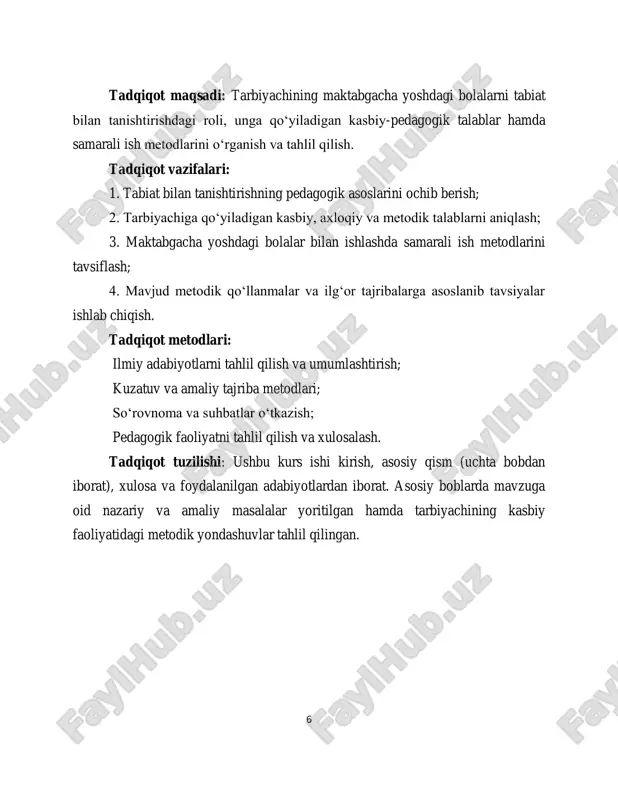 ur bo‗lgan eng muhim omillardandir. aynan tabiat insonda go‗zallikni ko‗rish, his qilish, saqlash va qadrlash kabi ijobiy xislatlarni shakllantiradi. shu sababli, bolalarni tabiat bilan tanishtirish — ularning shaxsiy va ijtimoiy rivojlanishida muhim rol o‗ynaydi. pedagogik nuqtayi nazardan olib qaraganda, bu jarayon bolalarda kuzatish, tafakkur, his-tuyg‗u, ehtiyotkorlik va ekologik madaniyatni shakllantiruvchi muhim tarbiya yo‗nalishidir 7 . maktabgacha yosh davri — bu bolaning dunyoni o‗zlashtirishda eng faol bosqichidir. ular bu davrda atrof-muhitni his etadi, kuzatadi, o‗z fikrini bildiradi va unga nisbatan shaxsiy munosabat bildiradi. tabiat bilan tanishtirish jarayonida pedagog (tarbiyachi) bolaga nafaqat ma‘lumot beradi, balki uni mustaqil fikrlashga, voqea-hodisalarni tahlil qilishga, sabab-oqibat bog‗liqliklarini aniqlashga ham o‗rgatadi 8 . tabiat bilan tanishtirishda pedagogika fanining asosiy tamoyillari — ilmiylik, tizimlilik, bolalarning yosh va individual xususiyatlariga moslik, izchillik, faoliyatga yo‗naltirilganlik, tarbiyaviylik prinsiplariga tayaniladi. har bir prinsip o‗ziga xos tarzda tarbiyachining metodik ish faoliyatida namoyon bo‗ladi. misol uchun, ilmiylik prinsipi bolalarga real, aniq, ishonchli ma‘lumotlarni berish …