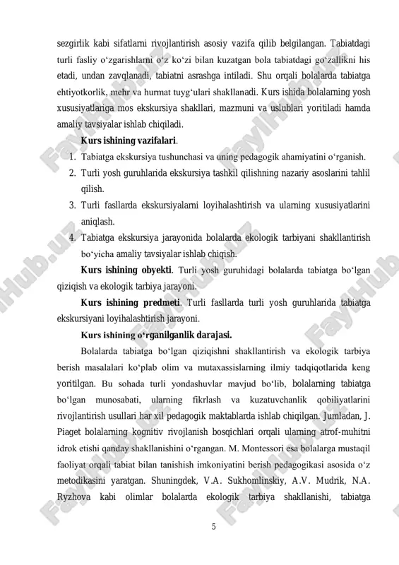 ilangan. shuningdek, 2023-yil 27-iyuldagi pq-238-sonli qaror, 2019-yildagi pf-5611-son farmon kabi hujjatlarda ham ushbu masala chuqur yoritilgan. shu bilan birga, turli yosh guruhlarida ekskursiyalar tashkil etish va ularni loyihalashtirishga doir amaliy tavsiyalar, uslubiy qo‘llanmalar va darsliklar ham ishlab chiqilgan. maktabgacha ta’lim tizimida pedagoglarning bu boradagi malakasini oshirish uchun alohida kurslar, seminarlar tashkil qilinmoqda. bunday ekskursiyalar nafaqat bolalarning tabiat haqidagi bilimlarini oshiradi, balki ularning estetik didini shakllantirish, hissiy va aqliy rivojlanishini ta’minlashda ham muhim ahamiyatga ega. shu sababli, mazkur mavzu doirasida olib borilayotgan tadqiqotlar hali ham davom etmoqda va yangi yondashuvlar ishlab chiqilmoqda. kurs ishining metodlari. mazkur kurs ishini bajarishda ilmiy-tadqiqot ishlarining mazmuni va maqsadidan kelib chiqib quyidagi nazariy va amaliy tadqiqot metodlari qo‘llanildi:  ilmiy-nazariy tahlil — turli fasllarda va yosh guruhlarida ekskursiya tashkil qilish metodikasi bo‘yicha ilmiy adabiyotlar, qonunchilik hujjatlari va metodik qo‘llanmalarni o‘rganish.  kuzatuv — maktabgacha yoshdagi bolalarning turli fasllarda ekskursiya jarayonidagi faoliyatini bevosita kuzatish orqali ularning qiziqishlari …