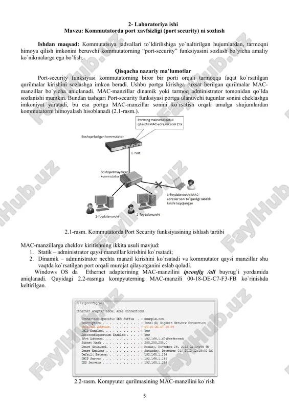 i manzillar kirishini ko`rsatadi; 2. dinamik – administrator nechta manzil kirishini ko`rsatadi va kommutator qaysi manzillar shu vaqtda ko`rsatilgan port orqali murojat qilayotganini eslab qoladi. windows os da ethernet adapterining mac-manzilini ipconfig /all buyrug`i yordamida aniqlanadi. quyidagi 2.2-rasmga kompyuterning mac-manzili 00-18-de-c7-f3-fb ko`rinishda keltirilgan. 2.2-rasm. kompyuter qurilmasining mac-manzilini ko`rish kommutator qurilmasining mac-manzillar jadvalini ko`rish uchun show mac-address-table buyrug`i orqali aniqlanadi (2.3-rasm). 2.3-rasm. kommutator qurilmasining mac-manzilini ko`rish kommutatorni himoya qilishning oddiy usullaridan biri bu – ishlatilmayotgan portlarni o`chirib qo`yish hisoblanadi. ishni bajarish tartibi cisco packet tracer dasturida lokal tarmoq quriladi. (kommutator, kompyuterlar, noutbok, kabellar) 2.4-rasm. lokal tarmoq qurish sxemasi 2.1 jadval. tarmoq qurilmalarini manzil berish jadvali qurilma interface ip manzil tarmoq osti maskasi kommutator vlan 192.168.1.100 255.255.255.0 pc1 nic 192.168.1.10 255.255.255.0 pc2 nic 192.168.1.11 255.255.255.0 noutbok nic 192.168.1.12 255.255.255.0 ishlatilmayotgan portlarni o`chirish ishlatilmayotgan portlarni o`chirish – bu ko`pchilik administratorlar foydalanadigan, tarmoqni ruxsatsiz kirishdan himoya qilishda oddiy usullardan biri. masalan, agar catalyst 2960 …