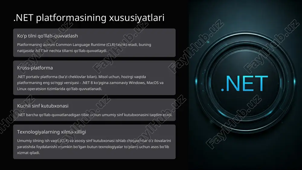 ini ifodalaydi. boshqa oynalar yaratishda interfeysni window elementidan boshlashimiz kerak. window elementidan tashqari yana ikki yuqori darajadagi elementlar mavjud: page application window elementi ichida bo'sh grid elementi va html elementlari kabi bir qator atributlar (title, width, height) mavjud — ular mos ravishda oynaning sarlavhasi, kengligi va balandligini belgilaydi. xaml nomlar fazosi c# da kod yaratishda biz kerakli sinflarni qo'shish uchun using direktivasini ishlatamiz, masalan: csharp using system.windows; xamlda ham prostranstva imenlarni qo'shamiz. ikkinchi va uchinchi qatorlar loyihada standart ravishda qo'shiladigan prostranstva imenlarni ifodalaydi. xmlns atributi xmlda prostranstva imenini belgilash uchun maxsus atributdir. masalan, http://schemas.microsoft.com/winfx/2006/xaml/presentation prostranstva imenida ko'plab boshqaruv elementlari tavsifi va belgilanishi mavjud. bu prostranstva imen default prostranstva sifatida belgilangan. http://schemas.microsoft.com/winfx/2006/xaml prostranstva imeni xamlda ba'zi xususiyatlarni, masalan name yoki key xususiyatlarini belgilaydi. xmlns:x prefiksi bilan aniqlangan prostranstva imeni ichidagi xususiyatlar x prefiksi bilan ishlatiladi — masalan, x:name yoki x:key. boshqa prostranstva imenlar: xmlns:d="http://schemas.microsoft.com/expression/blend/2008": dizayn rejimida atributlarni qo'llab-quvvatlaydi. xmlns:mc="http://schemas.openxmlformats.org/markup-compatibility/2006": xaml markup …