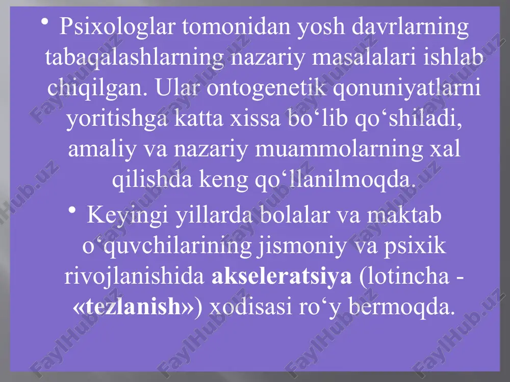 .vallon nuqtai nazaricha yosh davrlari quyidagi bosqichlarga ajratiladi: xomilaning ona qornidagi davri; impulsiv harakat davri – tug‘ilgandan 6 oygacha; emotsional (his-tuyg‘u) davri – 6 oylikdan 1 yoshgacha; sensomotor (idrok bilan harakatning uyg‘unlashuvi) davri – 1 yoshdan 3 yoshgacha; personologizm (shaxsga aylanish) davri – 3 yoshdan 5 yoshgacha; farqlash davri – 6 yoshdan 11 yoshgacha; jinsiy yetilish va o‘spirinlik davri – 12 yoshdan 18 yoshgacha. maktabgacha yosh davri. 3 yoshdan 7 yoshgacha organizmning intensiv o‘sishi davom etadi. bosh miya og‘irligi 1350g-gacha etadi, ikkinchi signal sistemasi rivojlanadi. bolaning ijtimoiy situatsiyasi o‘zgaradi. o‘yin faoliyati etakchi faoliyat turidir. rolli o‘yinlar jarayonida ular katta odamlarning barcha vazifa va ishlarini amalda bevosita bajaradilar. rolli o‘yinlarni vujudga keltiruvchi eng zarur omillardan biri, bolada o‘z xatti-harakatlarini kattalar xatti-harakati bilan solishtirish, undan nusxa olish tuyg‘usining mavjudligidir. 19 anatomo – fiziologik xususiyatlari. umurtqa pog‘onasining barcha bo‘g‘inlari shakllanadi, miyaning og‘irligi 1400 gr-gacha etadi, uning analitik-sintetik faoliyati takomillashadi. bolaning bo‘yi va og‘irligi, …
