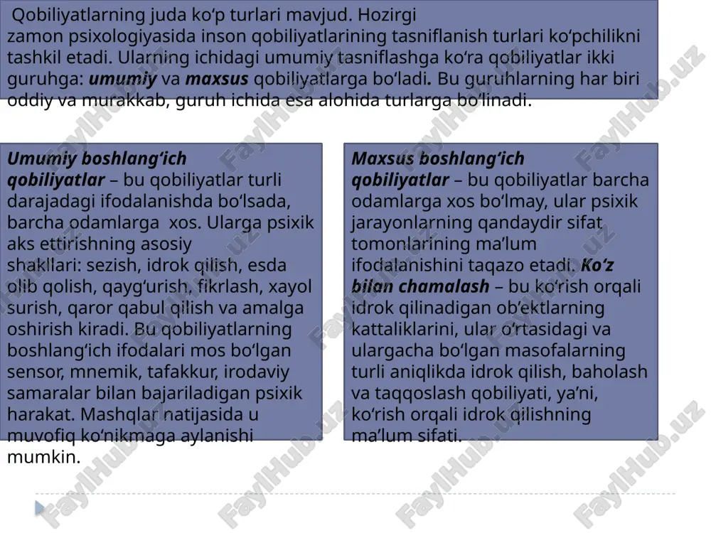 aniq amaliy faoliyatga moyilligini belgilab beradilar. qobiliyatlar, shuningdek, o‘quv va ijodkorlik qobiliyatlariga bo‘linadi. ular bir-biridan, birinchisining o‘qitish samarasini, inson tomonidan bilim, malaka va ko‘nikmalarning o‘zlashtirilishini belgilashi bilan, boshqalarining kashfiyotlar, moddiy va ma’naviy madaniyatning yangi shakllarini yaratish imkoniyatini belgilashi bilan farq qiladi. qobiliyatlar rivojlanishi uchun sharoitlarning mavjudligi yoki mavjud emasligiga ko‘ra, ular yashirin va dolzarb bo‘lishi mumkin. yashirin qobiliyatlar sifatida ma’lum faoliyat turida joriy qilinmaydigan, lekin ijtimoiy sharoitlarning o‘zgarishida dolzarb qobiliyatga aylana oladigan qobiliyatlar tushuniladi. dolzarb qobiliyatlarga ayni damda zarur bo‘lgan va aniq faoliyat turida joriy qilinadigan qobiliyatlar kiritiladi. yashirin va dolzarb qobiliyatlar inson qobiliyatlari rivojlanadigan ijtimoiy sharoitlar xarakterining bilvosita ko‘rsatkichlari sifatida namoyon bo‘ladi. matematik qobiliyatlar ustida v.a. krutetskiy ish olib borgan. matematik qobiliyatar tarkibida matematik xotira, miqdoriy va fazoviy munosabatlar sohasidagi mantiqiy tafakkur qobiliyati, matematik materialning tezda kengaytirilgan holda umumlashtirish, bir operatsiyadan ikkinchisiga oson va erkin o‘tish, mulohaza va echimlarning aniqligi, oddiyligi, tejamkorligi va omilkorligiga intilish katta ahamiyatga ega. matematik …