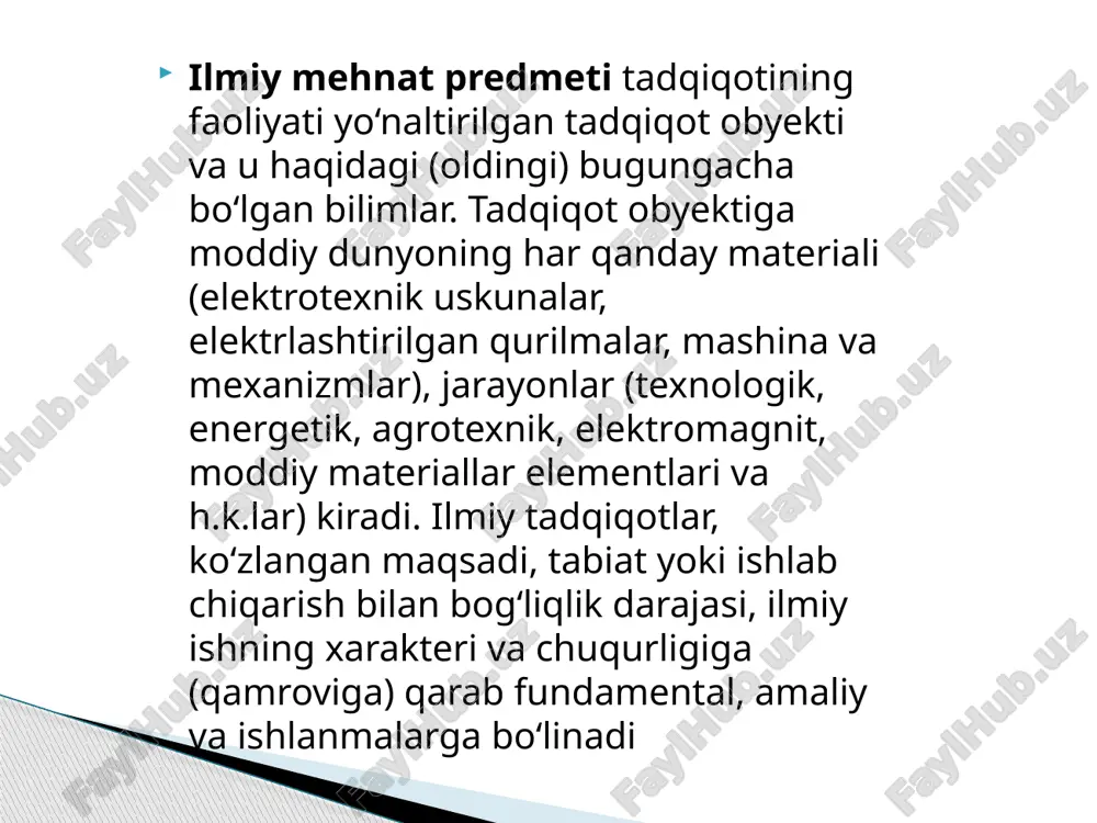 itadi. kitobni buxdu (https://elib.buxdupi.uz/books/ilmiy%20tadqiqot%20metodologiyasi.pdf) saytida pdf formatida yuklab olish mumkin. adabiyotlar ro’yxati. xulosa ilmiy tadqiqot — bu yangi bilimlarni olish yoki mavjud bilimlarni kengaytirishga qaratilgan tizimli va maqsadli jarayondir. u fundamental, amaliy va eksperimental tadqiqotlar kabi turli xil turlardan iborat bo‘lib, har birining o‘ziga xos maqsad va yondashuvi mavjud. muvaffaqiyatli tadqiqot aniq muammoni aniqlash, gipotezalarni shakllantirish, nazariy tadqiqot o‘tkazish va tajribalar yordamida ularni tasdiqlashni o‘z ichiga oladi. tadqiqotlarning takroriy tabiati bilimlarning uzluksiz rivojlanishini ta’minlaydi va nazariy hamda amaliy qo‘llash o‘rtasidagi bog‘liqlikni mustahkamlaydi. bu esa ilmiy izlanishlarni innovatsiya va turli sohalarda rivojlanishning asosiy poydevori sifatida muhimligini ta’kidlaydi. image1.jpeg image2.png image3.jpeg image4.jpeg image5.jpeg image6.jpeg /docprops/thumbnail.jpeg