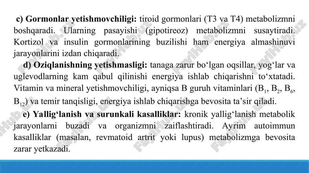ning oldini olish uchun to‘g‘ri ovqatlanish, faol turmush tarzi va sog‘liqni nazorat qilish muhim ahamiyatga ega. o‘z vaqtida tashxis va davolash orqali gipoenergik holatlarning asoratlarini kamaytirish mumkin. 4. manbalar. 1. ikramova z.a. biopolimerlar 1- tibbiyot oliygohlari 1-kurs talabalari uchun mo‘ljallangan toshkent 2022 2. e.o.oripov, a.n.nasrullayev ,,bioorganik kimyo’’ toshkent – 2012. e’tiboringiz uchun rahmat