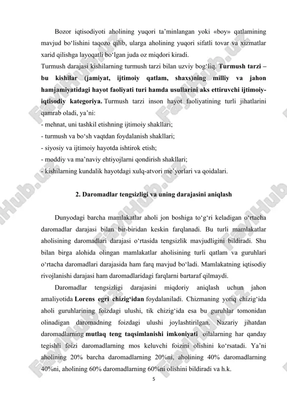 20%, 40 yoki 60% va h.k.) hech qanday daromadga ega bo‘lmay, faqat bir foizi barcha 100% daromadga ega bo‘ladi. real hayotda mutlaq tenglik va mutlaq tengsizlik holatlari mavjud bo‘lmaydi. balki aholining ma’lum guruhlari o‘rtasida daromadlarning taqsimlanishi notekis ravishda boradi. bunday taqsimlanishini lorens egri chizig‘i deb nomlanuvchi 0e egri chizig‘i orqali kuzatish mumkin. aholi guruhlari ulushi va daromad ulushini birlashtiruvchi egri chiziqdan ko‘rinadiki, aholining dastlabki 20%ga daromadlarning juda oz (taxminan 3-4%gacha) qismi to‘g‘ri keladi. keyingi guruhlarga to‘g‘ri keluvchi daromad ulushi ortib boradi. daromadning eng katta qismi (deyarli 60%) aholining so‘nggi 20%ga to‘g‘ri keladi. bu guruh chegarasi ichida ham daromadlar notekis taqsimlangan, ya’ni dastlabki 10% taxminan 20% daromadga ega bo‘lsa, keyingi 10%ga daromadning deyarli 40% to‘g‘ri keladi va h.k. mutloq tenglikni ifodalovchi chiziq va lorens egri chizig‘i o‘rtasidagi tafovut daromadlar tengsizligi darajasini aks ettiradi. bu farq qanchalik katta bo‘lsa, ya’ni lorens egri chizig‘i 0e chizig‘idan qanchalik uzoqda joylashsa, daromadlar tengsizligi darajasi ham …