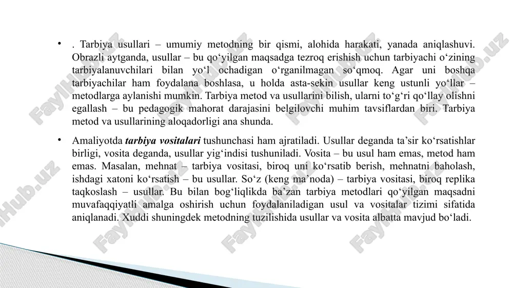 quvchilarni ular uchun yangi boʻlgan mehnat faoliyatini oʻrgatishda oʻquvchilarning xulq-atvor qoidalarini, ularda kun tartibi aniq boʻlishi muhimligini, ularga oʻquvchilarning qat’iy tartibga amal qilishi zarurligini tushuntirish metodidan foydalanadi. tushuntirish bilan bir qatorda sinfga toʻgʻri kirib kelishga, ularni oʻqituvchi va oʻquvchilar bilan salomlashishga, tartib-intizomni saqlashga mashq qildirib boradi. 4. tarbiyada ibrat-numana koʻrsatishning tutgan oʻrni farzandlarimizning kelajakda komil inson boʻlib yetishishlarida oila va jamiyatda yaxshi tarbiya olishning oʻrni beqiyosdir. ota-ona, ustoz-murabbiylar, rahbar va yoshi kattalar qancha madaniyatli, odobli boʻlsa, shu jamiyat va muhitda oʻsayotgan shaxslar ham shunchalik odobli boʻlib yetishadi. bunday sermas’uliyat ijtimoiy ishni amalga oshirish, ya’ni yoshlarimizning odobli, xushxulqli, vijdoni pok kishilar boʻlib yetishishlari uchun oʻz xulq-atvorimiz bilan ularga yaxshi ibrat va namuna boʻlishimiz bugungi kunning dolzarb masalasi hisoblanadi. ilgarigi zamonda shunday maqol bor edi: «domlaning aytganini qil-u, qilganini qilma». hozir bu maqol eskirdi: oʻsmir va oʻspirinlar koʻpincha ustozlari va kattalarning tashqi yashash tarzidan oʻrnak oladilar, ya’ni ular «domlaning qilganini... qilishadi». bu …