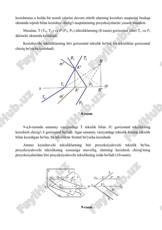 izontal chiziq bo‘yicha kesishadi 102-rasm 103-a,b-rasmda umumiy vaziyatdagi t tekislik bilan h1 gorizontal tekislikning kesishish chizig‘i h gorizontal bo‘ladi. haqiqatdan, h1 gorizontal tekislikning har bir nuqtasi h tekislikdan baravar uzoqlikda joylashgani uchun, tekisliklarning kesishuvchi chizig‘i h||h bo‘ladi. agar umumiy vaziyatdagi tekislik frontal tekislik bilan kesishgan bo‘lsa, bu tekisliklar frontal bo‘yicha kesishadi. ammo kesishuvchi tekisliklarning biri proyeksiyalovchi tekislik bo‘lsa, proyeksiyalovchi tekislikning xossasiga muvofiq, ularning kesishish chizig‘ining proyeksiyalaridan biri proyeksiyalovchi tekislikning izida bo‘ladi (104-rasm). kesishuvchi tekisliklarning bir nomli izlari chizma chegarasida kesishmasa, ularning kesishish chizig‘ini yordamchi tekisliklar vositasida aniqlash mumkin. masalan, umumiy vaziyatdagi p(ph, pv) va t(th, tv) tekisliklarning kesishish chizig‘ini yasash uchun h1 gorizontal va v1 frontal tekisliklardan foydalaniladi (105-rasm). h1 gorizontal tekislikning frontal izini h1v∥h qilib o‘tkaziladi. bu tekislik p tekislikni h1(h1′, h1″), t tekislikni h2(h2′, h2″) gorizontallar bo‘yicha. kesadi. bu gorizontallarning kesishgan e(e′,e″) nuqtasi e′=h1′(h2′ va e″=h1″(h2″ p va t tekisliklarning kesishish chizig‘ining umumiy nuqtalaridan biri bo‘ladi. frontal tekislikni …