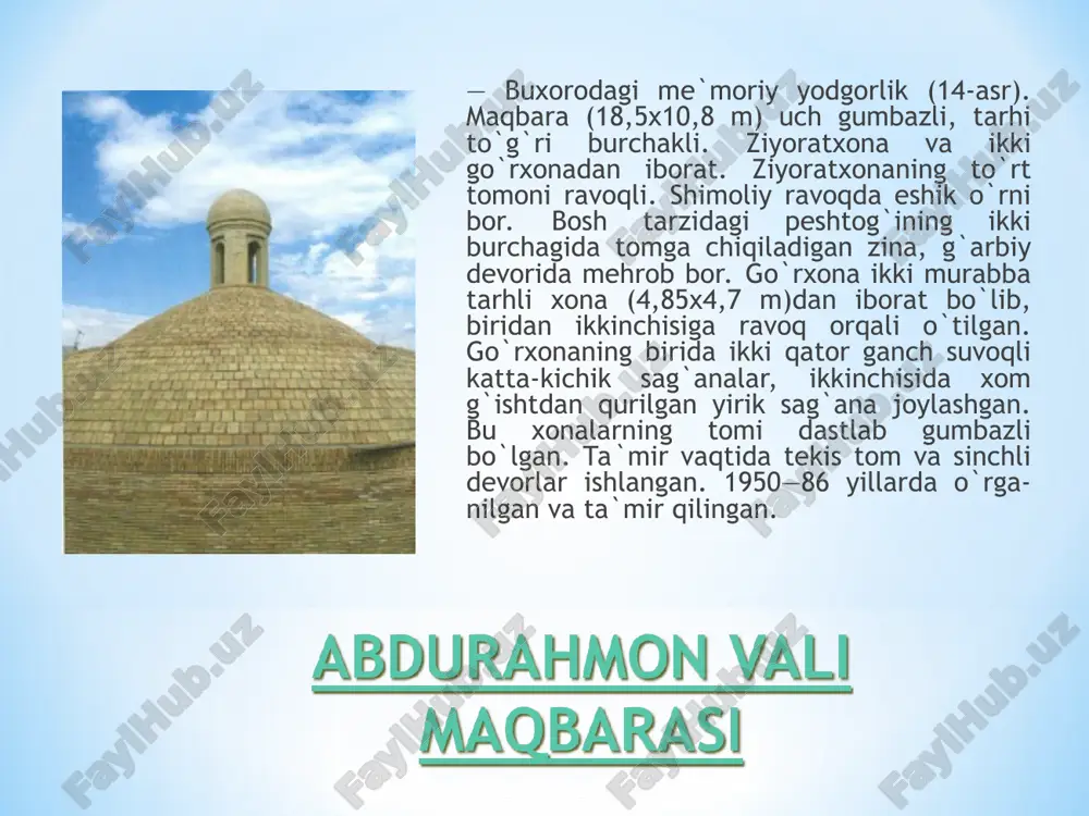 v-rida shakllangan. 2 ming yil mobaynida tashqi va ichki qiyofasida ko`p o`zgarishlar ro`y bergan. bahouddin majmuasi (buxoro)-shayx bahouddin dahmasi, abdulazizxon xa-naqohi, dahmai shohon, maqbara, madrasa, muzaf-farxon, va hakim qushbegi masjidlari, hovuz, quduq, minora va boshqa insho-otlardan iborat. abdullaxon madrasasi (buxoro, 1588-90) – abdullaxon ii qurdirgan. xalq orasida modarixon madrasasi nomi bilan birga qo`sh madrasa nomini olgan. madrasaning to`rt tomoni baland peshtoqli bo`lib, bosh tarzidagi peshtoq, uning yonlaridagi ikki qavatli hujralar va burchaklaridagi guldastalar oq, ko`k, zangori rangli sirkor baezaklar bilan pardozlangan.