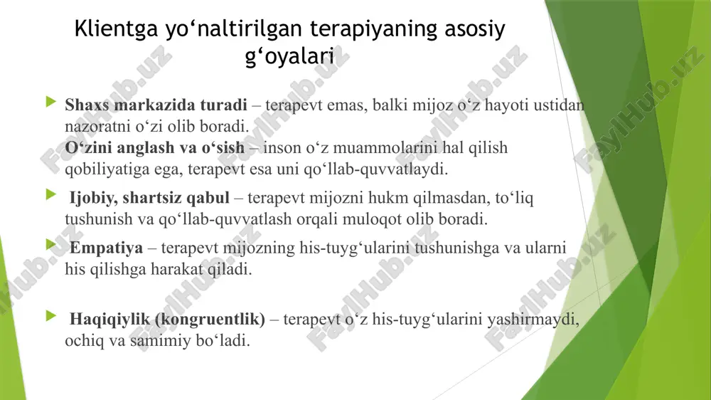 ng asosiy vakillari viktor frankl – logoterapiya asoschisi, "inson ma’no izlaydi" kitobi muallifi. u inson hayotining asosiy maqsadi sifatida ma’no topishni ilgari surgan. rollo may – qo‘rquv, tashvish va erkinlik haqida yozgan, insonning o‘zini anglash jarayoniga e’tibor qaratgan. irvin yalom – zamonaviy ekzistensial terapevt, insonning to‘rt asosiy muammosini ko‘rsatib o‘tgan: o‘lim, erkinlik, yolg‘izlik va ma’no yo‘qotish. tranzakt taxlil. tranzakt tahlil – bu shaxslararo munosabatlarni va ichki psixologik jarayonlarni tahlil qilishga qaratilgan psixoterapevtik yondashuv bo‘lib, erik bern tomonidan ishlab chiqilgan. bu yondashuv odamlar o‘rtasidagi muloqot qanday sodir bo‘lishini tushunish va yaxshilash, shuningdek, shaxsning o‘zini anglash jarayonini chuqurlashtirishga yordam beradi. tranzakt tahlilning asosiy tamoyillari 1. shaxsning uchta holati (ego-holatlar modeli) tranzakt tahlil odamlarning harakatlari va muloqot usullarini uchta ego-holat orqali tushuntiradi: 🔹 ota-ona – odamning bolaligida o‘z ota-onasidan yoki avtoritet shaxslardan o‘zlashtirgan fikrlar, e’tiqodlar va odatlar. bu ikki xil bo‘ladi: nazorat qiluvchi ota-ona (hukmronlik, buyruq berish, tanqid qilish) mehribon ota-ona (g‘amxo‘rlik, qo‘llab-quvvatlash, …