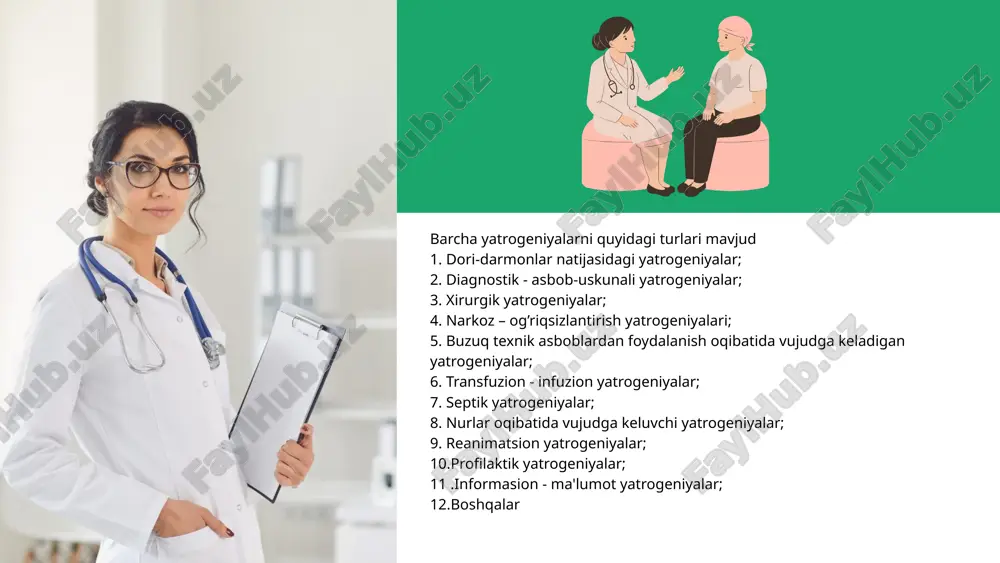 ga olib keluvchi preparatlarni yuborish yoki boshqa amallarni bajarish). bundan tashqari ixtiyoriy yoki noixtiyoriy evtanaziyalarni farqlash lozim. ixtiyoriy evtanaziya be’mor iltimosi yoki oldindan berilgan roziligi bilan o’tkaziladi. noixtiyoriy evtanaziya be’mor roziligisiz, odatda xushsiz yetgan xolatida amalga oshiriladi. u nokompitent bemor bilan qarindoshlari yoki javobgar shaxs tomonidan berilgan rozilik bilan amalga oshiriladi. rossiyada aktiv va passiv evtanaziya jinoyat xisoblanadi va kasddan sodir etilgan jinoyat kabi tasniflanadi. o’zbekistonda evtanaziyaning barcha turi ta’qiqlangan. xulosa buyuk alloma buqrotning "bemorga eng avvalo zarar keltirma" degan naqlini yodda tutish zarur. yatrogen kasallik bugungi tibbiyot amaliyotida bemorlar orasida 10 foizni tashkil etadi. diagnostika va davolashning yangi va ilg’or usullari (yani “agressiv meditsina”), ilgari aniqlanmagan, yatrogen patologiya deb atalmish xolatlarni keltirib chiqardi. bu - tibbiy aralashuvning yomon oqibatlari, ayniqsa noto’g’ri diagnoz asosida o’lim sodir bo’lish xollaridir. foydalanilgan adabiyotlar 1.qosimov e.y. shifokorning nutq madaniyati va bemor bilan muloqot.toshkent-2002y. 2. qosimov e.y., zoxidova m.z., zokirxodjaev sh.ya. xamshiralik ishi asoslari. toshkent-2003y. …