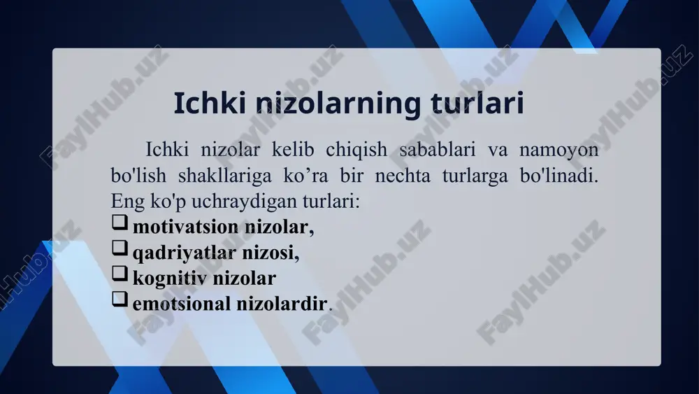 orizontal nizolar esa vazifalar, uslublar yoki shaxsiy xususiyatlardagi farqlar tufayli yuzaga kelishi mumkin. shaxslararo nizolarda emotsional holat nizolar shaxslarning emotsional holatiga jiddiy ta'sir ko'rsatadi. stress – nizo natijasida yuzaga keladigan psixologik va fiziologik zo'riqish holati. stress organizmning himoya reaksiyasi bo'lib, shaxslarni nizoli vaziyatga moslashishga yordam beradi. biroq, uzoq davom etgan stress salomatlikka zarar yetkazishi mumkin. emotsional zo'riqish – nizo paytida yuzaga keladigan kuchli his-tuyg'ular, masalan, g'azab, qo'rquv, xafagarchilik, umidsizlik va boshqalar. emotsional zo'riqish shaxslarning xatti-harakatlarini nazorat qilish qobiliyatini pasaytiradi va noto'g'ri qarorlar qabul qilishga olib kelishi mumkin. shaxs va guruh oʼrtasidagi nizo norasmiy guruhlar oʼzlarining xulq-atvor va muloqot normalarini oʼrnatadilar. bunda guruhning har bir aʼzosi ularga rioya qilishi kerak. guruh qabul qilingan meʼyorlardan chetga chiqishni salbiy hodisa deb hisoblaydi, shaxs va guruh oʼrtasida ziddiyat mavjud. guruhlararo nizo jamiyat koʼplab rasmiy va norasmiy guruhlardan iborat boʼlib, ular oʼrtasida nizolar kelib chiqishi mumkin. masalan, turli maktab oʼquvchilari oʼrtasida. ijtimoiy nizo turli xil …