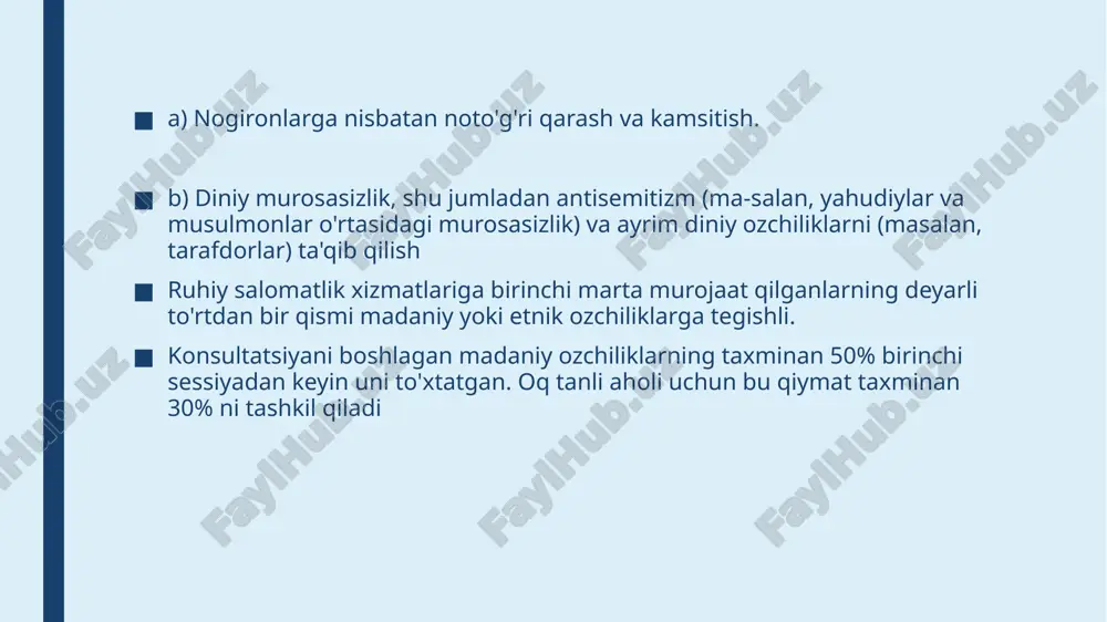 guruhga birlashtirish mezonlari; guruh ishining fazoviy-vaqtinchalik va tashkiliy xususiyatlari; guruhdagi kosultantning oʻrni va roli; - guruh kosultantini qo'llash shakllari. ishtirokchilarni guruhga birlashtirish mezonlari quyidagilar bo'lishi mumkin: guruh a'zolari muammolari toifalarining o'xshashligi, agar guruh o'xshash muammolar yoki tashxis qo'yilgan ishtirokchilar bo'lsa; guruh a'zolarining quyidagi tipik rol pozitsiyalari (rollari) ajratiladi: ota-ona figuralari (qat'iy ota-ona, vasiy ota-ona va boshqalar); - empatik odam, hamma narsani tushunadigan; "o'smir", "bezori", begona va boshqalar.; - hakamlik sudyasi, adolat qo'riqchisi va boshqalar.; "snob", "vip a'zosi"; - "olim-erudit", " professor", "aqlli". 2. guruh ishining quyidagi fazoviy-vaqtinchalik va tashkiliy xususiyatlari mavjud: ishtirokchilar soni: muvaffaqiyatli ishlash uchun zarur bo'lgan minimal ishtirokchilar soni-kamida 3-4 kishi; guruh a'zolarining maksimal soni-10-12 kishi; guruh a'zolarining maqbul soni-8 kishi, chunki bu imkon beradi: har qanday maxsus guruh texnikasi va mashqlarini bajarish uchun ishtirokchilarni mini-guruhlarga bo'lish; guruh ichidagi rollarning yetarlicha xilma-xilligini ta'minlaydi; trenerga guruhda samarali rahbarlik qilish va guruhni belgilangan maqsadlarga erishish imkonini beradi. e’tiboringiz uchun rahmat …